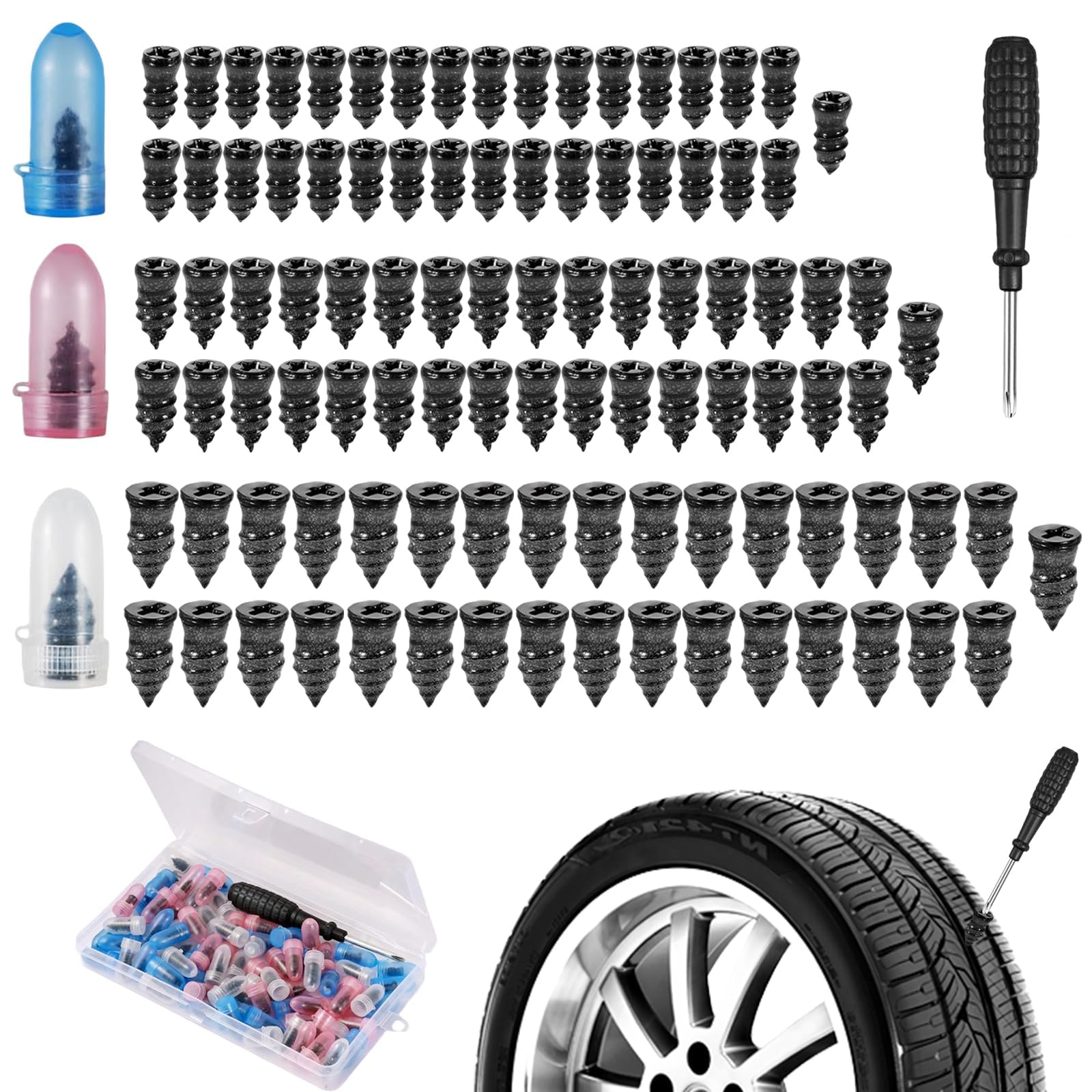 VZU 99Pcs Motorcycle Puncture Repair Kit, 33S+33M+33L Rubber Screw Nails with Screwdriver, Self-Service Car Tyre Repair Tool for Cars SUVs Motorcycles Bicycles, On-the-Go Emergency Repair