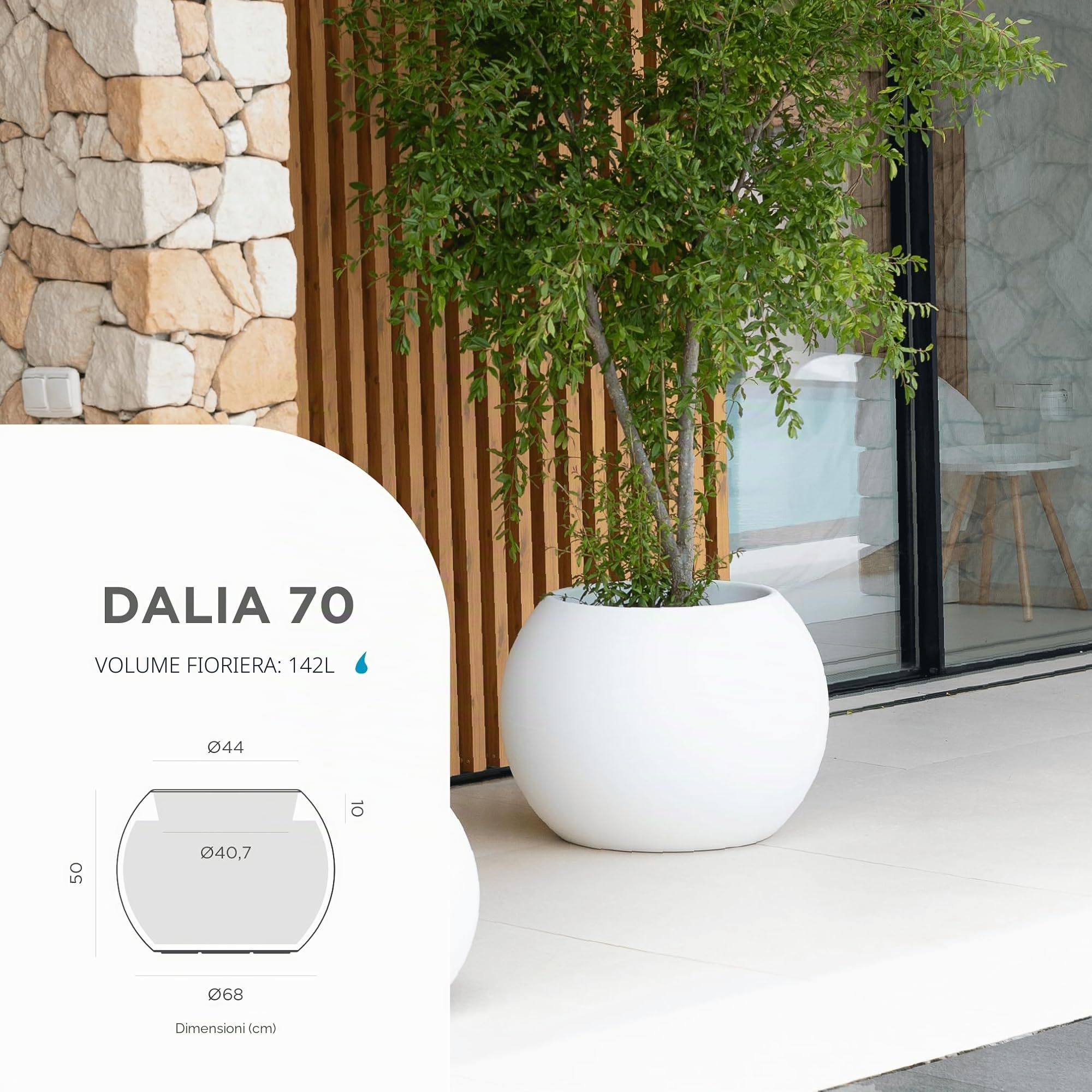 newgarden - Vaso rotondo per piante e fiori, Dalia molto resistente all'esterno, dimensioni disponibili. Include la riserva di drenaggio dell'acqua. Realizzato in polietilene in Spagna