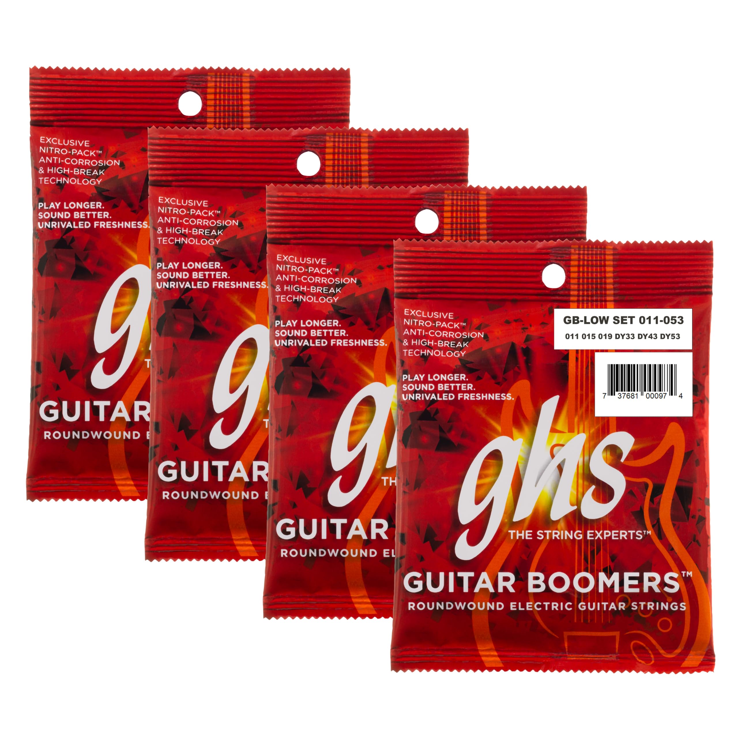 GHS Strings, GB-LOW Boomers, Nickel Plated Steel Electric Guitar Strings, Legendary Strength, Intonation, Unrivaled Sustain, Brightness &amp; Tone, Wound 3rd String, LOW TUNED Gauge-11-53, 4 SETS