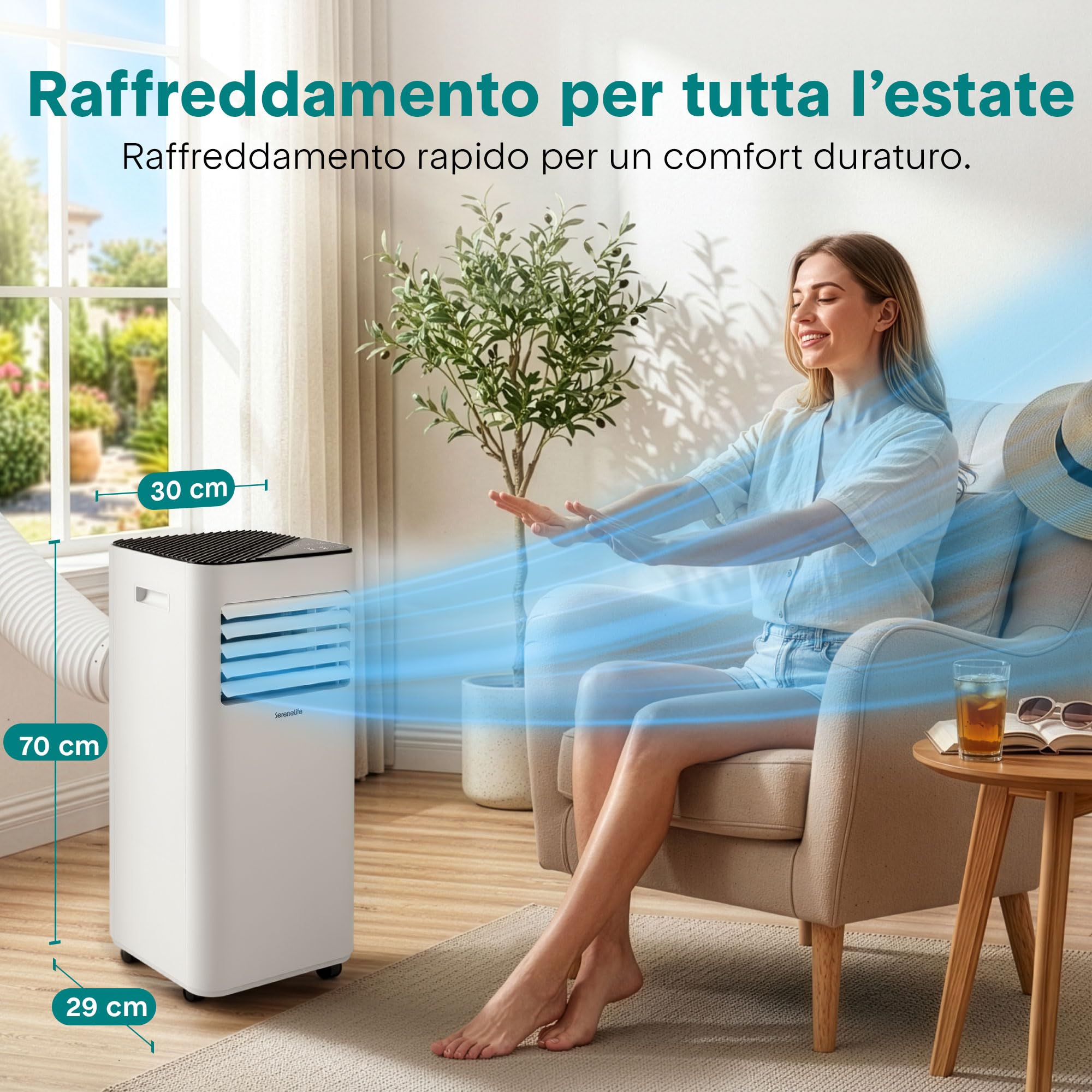 SereneLife przenośna klimatyzacja i ogrzewanie – mobilny klimatyzator 9000 BTU z zestawem okiennym, cicha praca, 3 tryby, 12-godzinny timer, funkcja Wi-Fi, do domu i biura