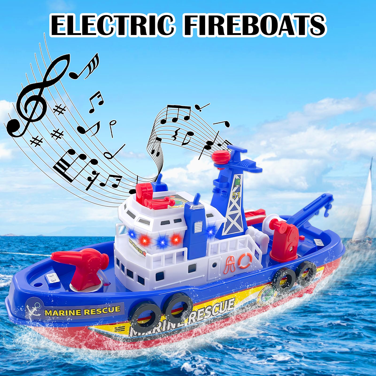 Barco de Juguete para Niños, Barco de Bomberos, Juguetes Acuáticos para Niños, Eléctrico Barco de Bomberos de Juguete con Pulverización LED Musical, Regalos Niños