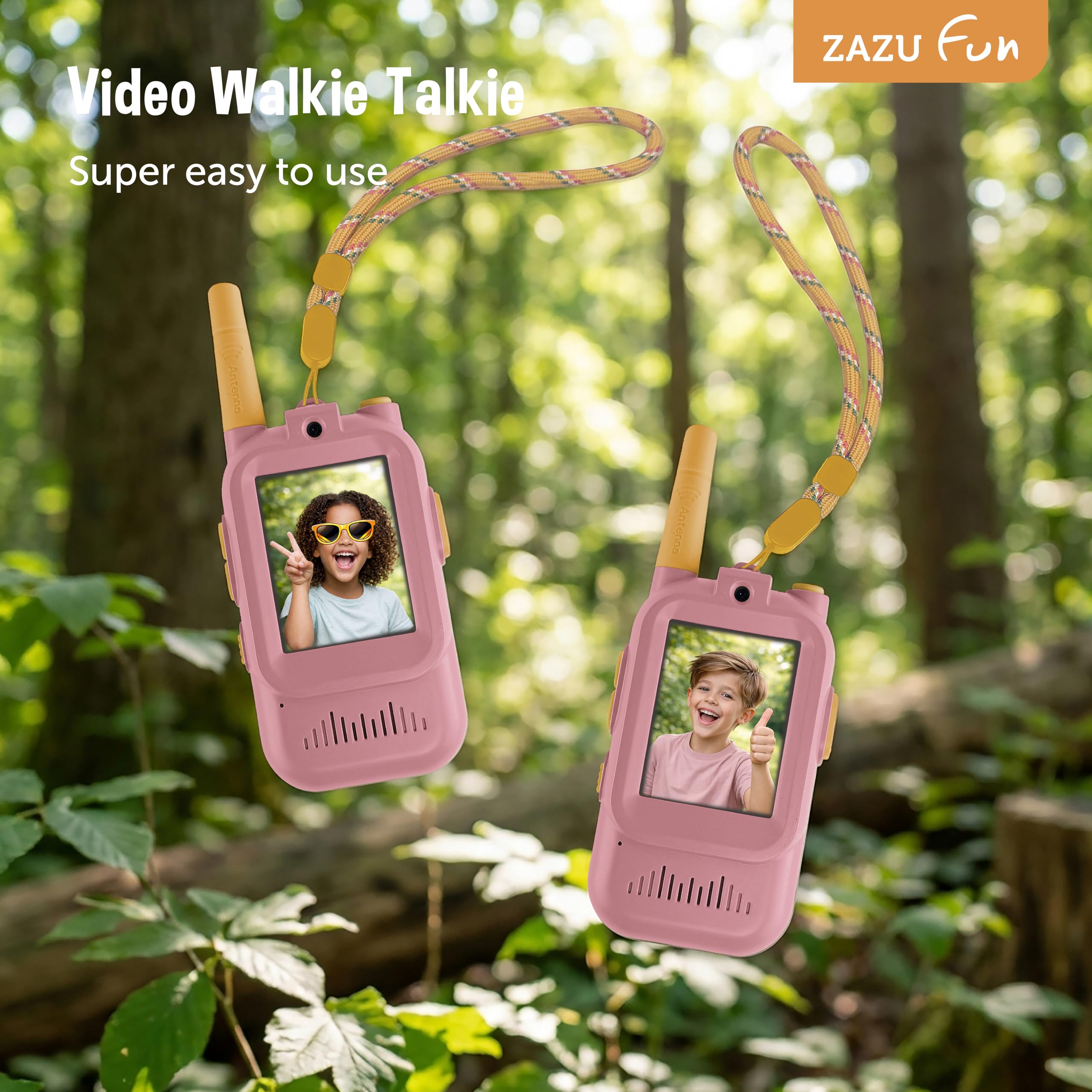 ZAZU Video Walkie Talkie für Kinder mit Kamera – 2er Set, 300m Reichweite, 2.0” Bildschirm, USB wiederaufladbar, 5 Stimmeffekte & 16 Filter – Funkgerät mit Video für Indoor & Outdoor (Rosa)