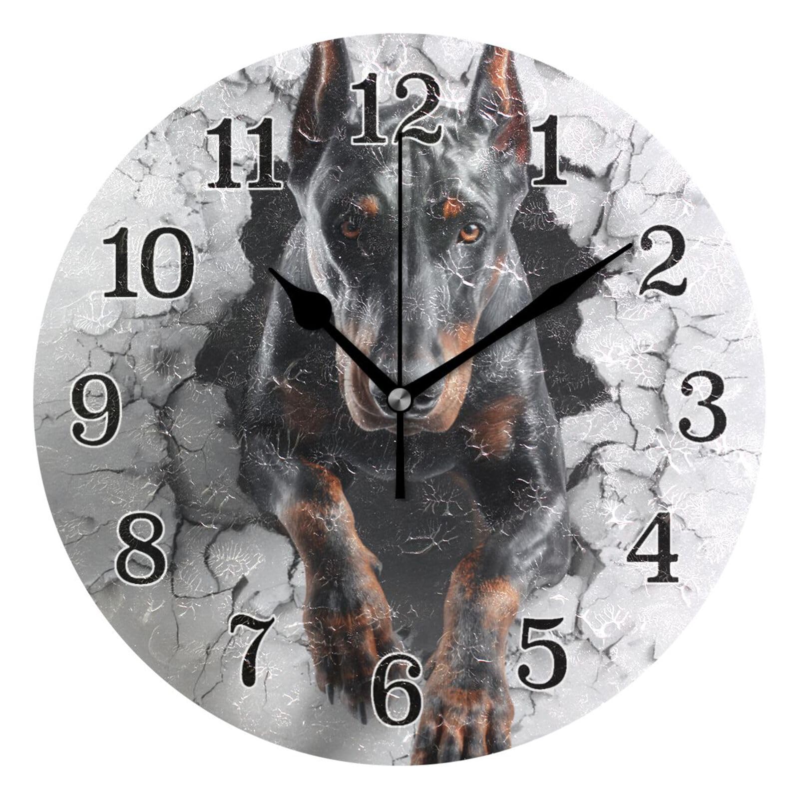 Horloge murale 3D Doberman contemporaine ronde 25,4 cm sans tic-tac pour une décoration épurée