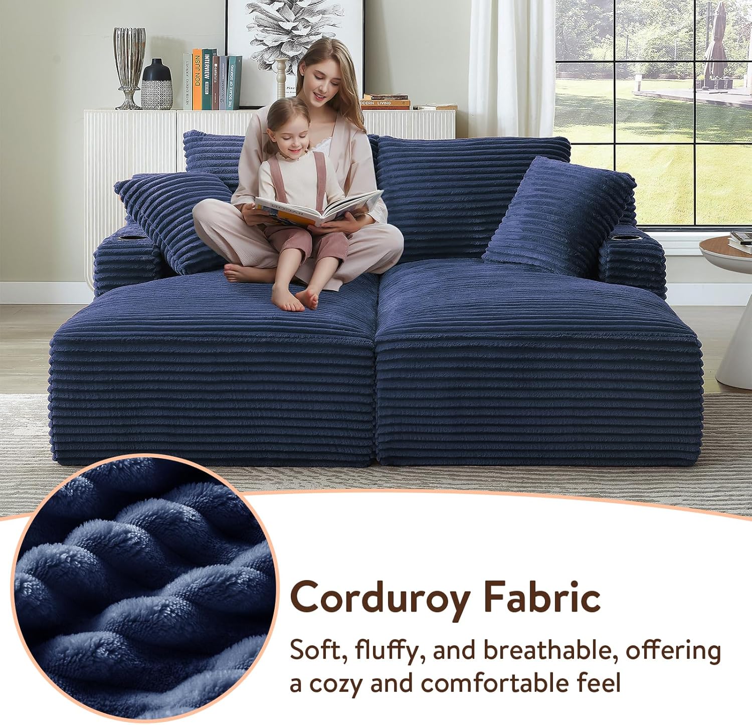 Oversized Double Chaise Lounge Chair Indoor Fluffy Upholstered Corduroy Sofa Bed with Throw Pillows Comfy Sleeper Deep Seat Sectional Loveseat Sofa Couch for Living Room (Blue)