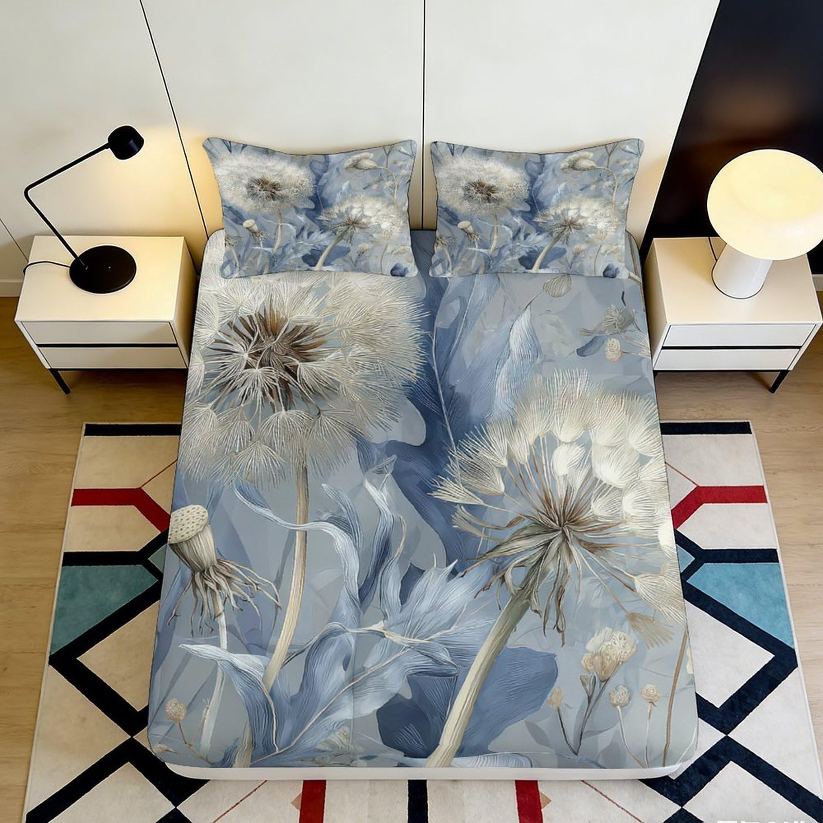 3D Printed Dandelion Meadow Fitted Sheet Microfiber Soft Blue Wildflower Bed Cover for Bedroom Guest Room Decor 118 140x200x25cm