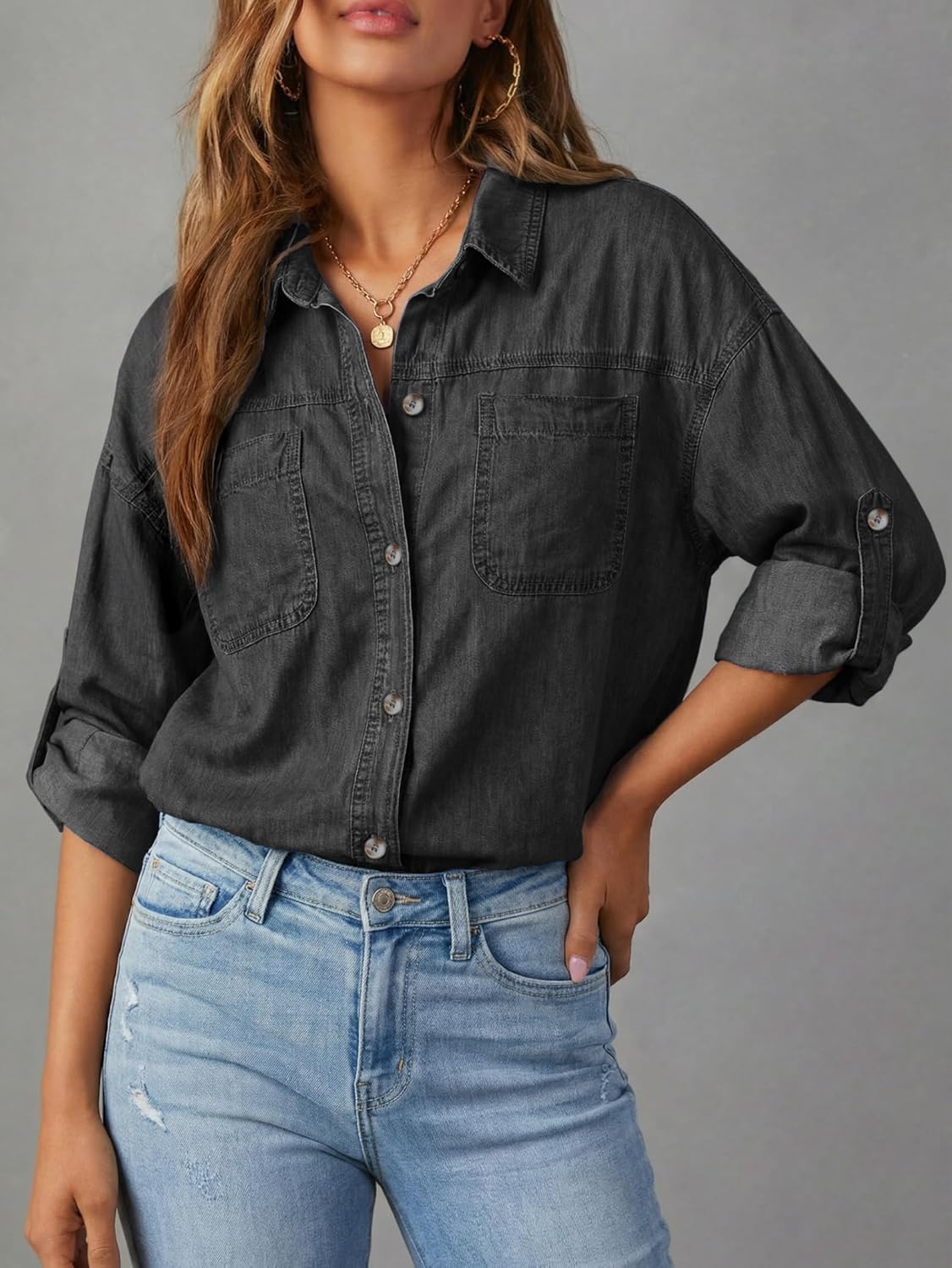 EMMIOL Women Denim Shirts Oversized Long Sleeve Button Down Blouse Distresse Jean Jacket Fall Outfits 2026 - Image 3