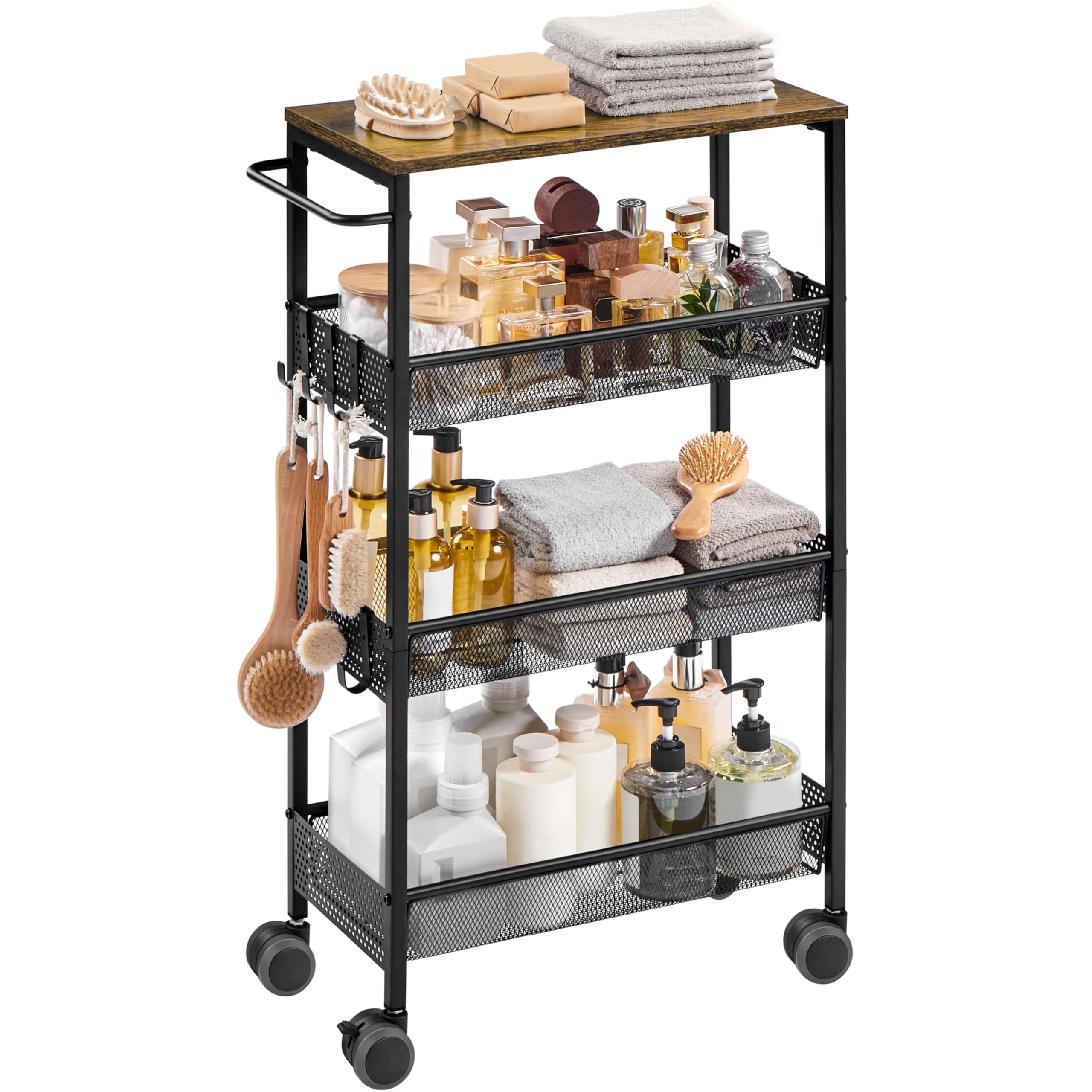 Yaheetech Chariot Rangement de Cuisine à 4 Niveaux, Dessert sur roulettes, Étagère de Rangement en Métal pour Cuisine/Salon/Salle de Bain, 50 × 22 × 79 cm, Style Idustriel, Brun Rustique