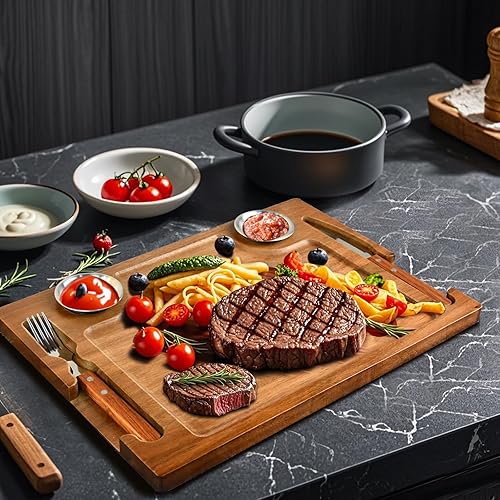 Vista 6 de Juego de platos de madera de acacia para comer, juego de 2 tablas de cortar carne de 15.7 pulgadas para bandeja de servir carne con tenedor
