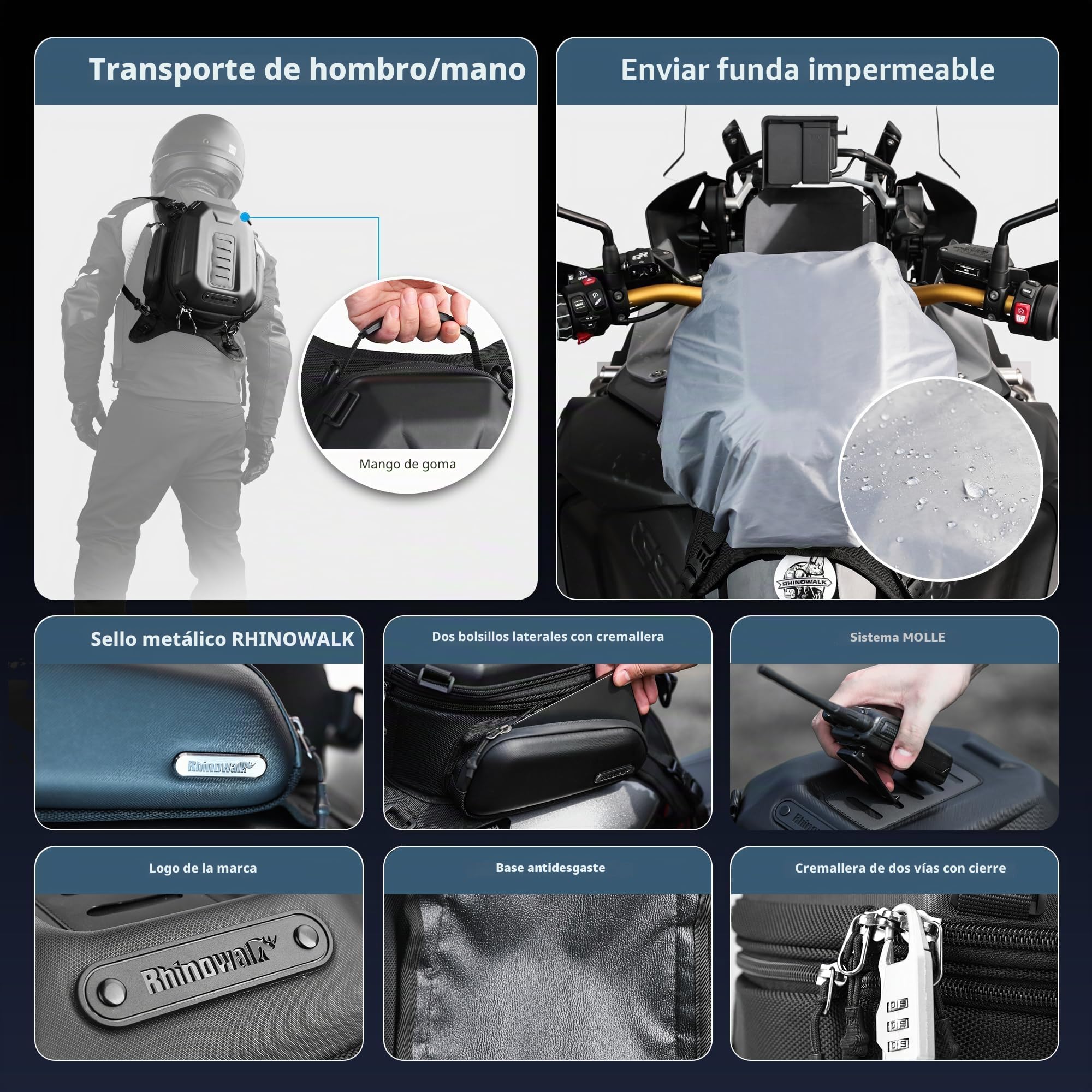 Rhinowalk Bolsa de Depósito de Motocicleta, Carcasa Dura, Impermeable, Expandible, 15-18 L - Almacenamiento para Asiento y Equipaje