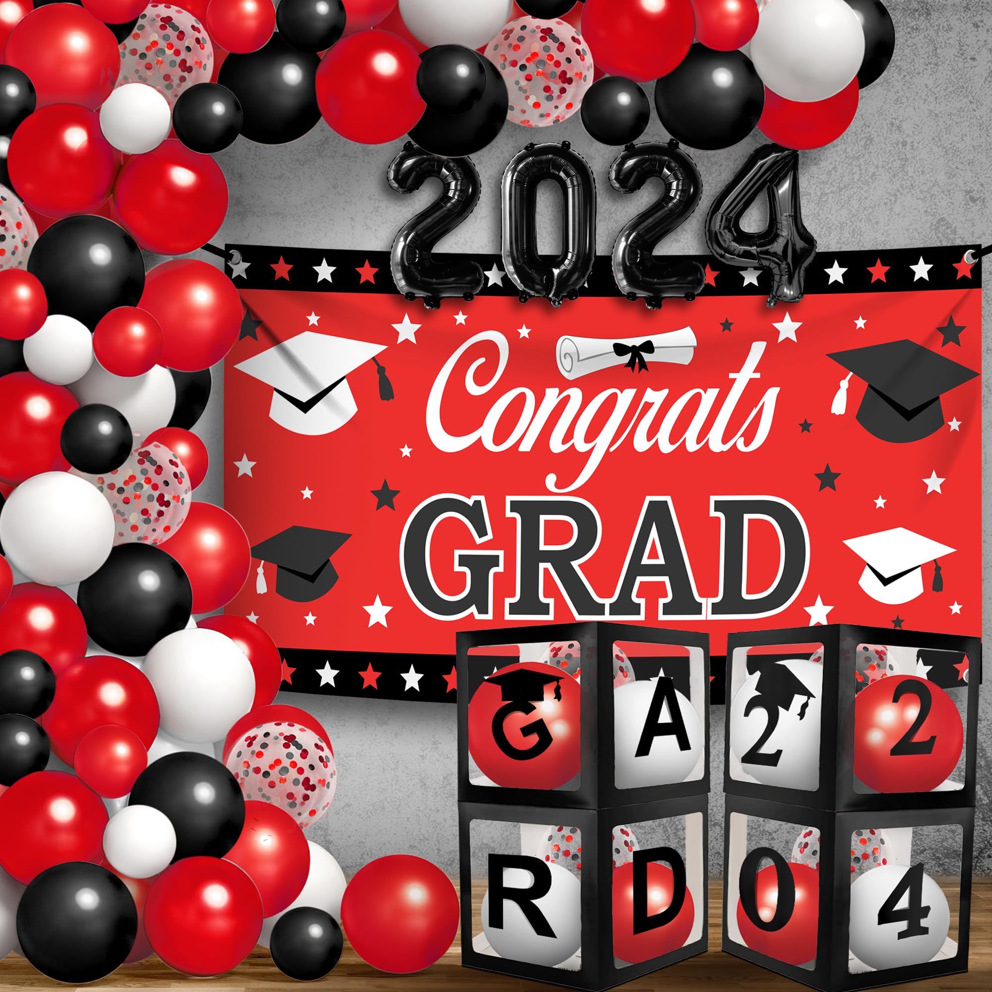 KatchOn, Graduation Decorations Class of 2024 Red and Black - Huge, Pack of 76 | Congrats Grad Banner and Graduation Balloon Boxes | Graduation Balloons, Red and Black Graduation Decorations 2024