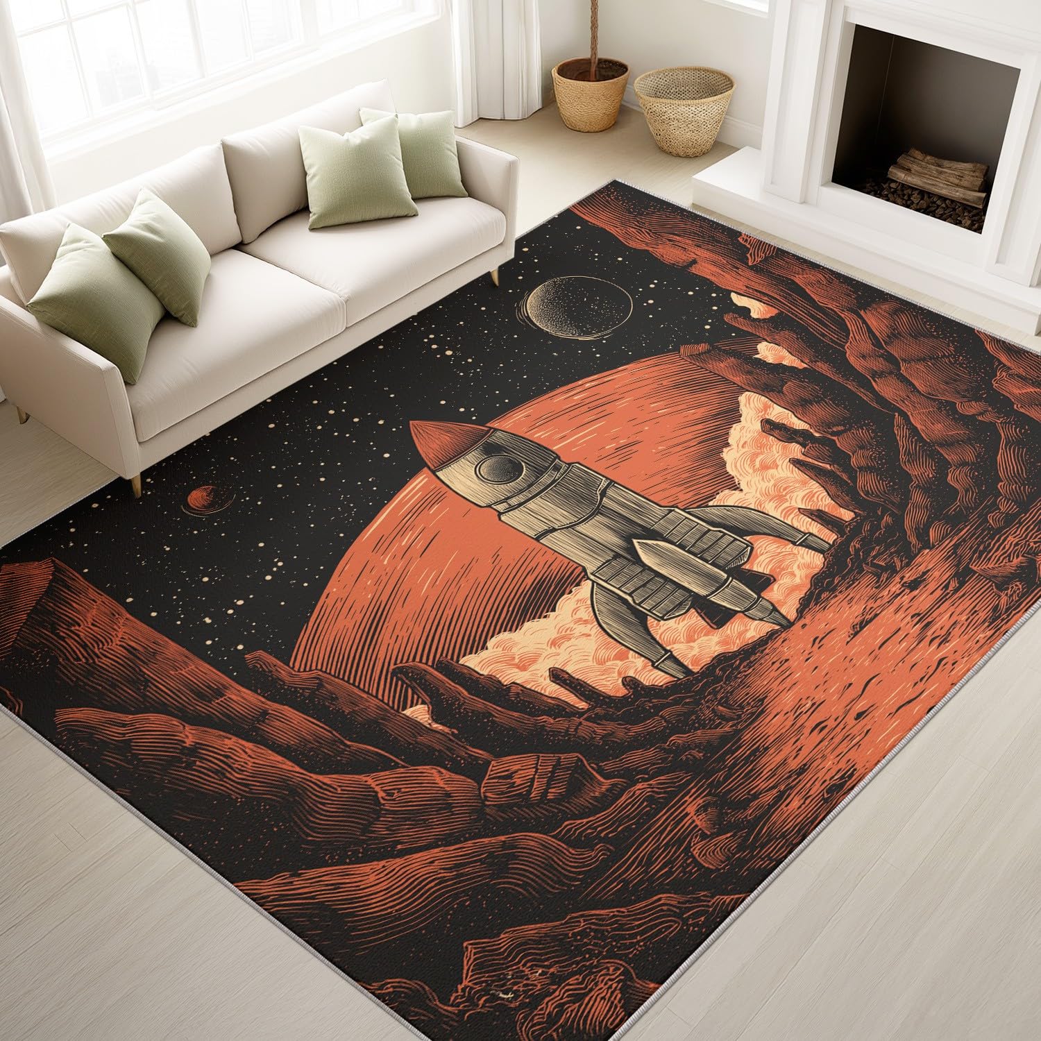 Chambre à coucher originale avec le grand tapis fusée artistique geek