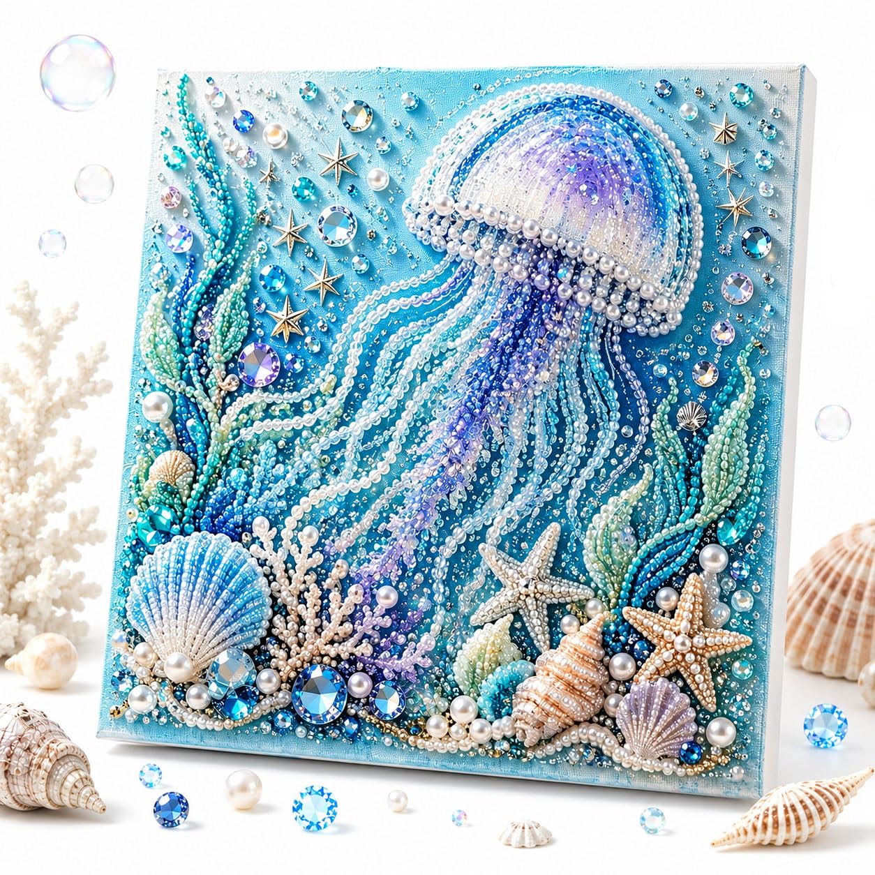 Everydries Ocean Theme Pearl Art DIY Kit, Octopus Diamond Art, Wall Art, Pearl Painting Kits for Adults, 3D Diamond Seashell Art (Jellyfish)