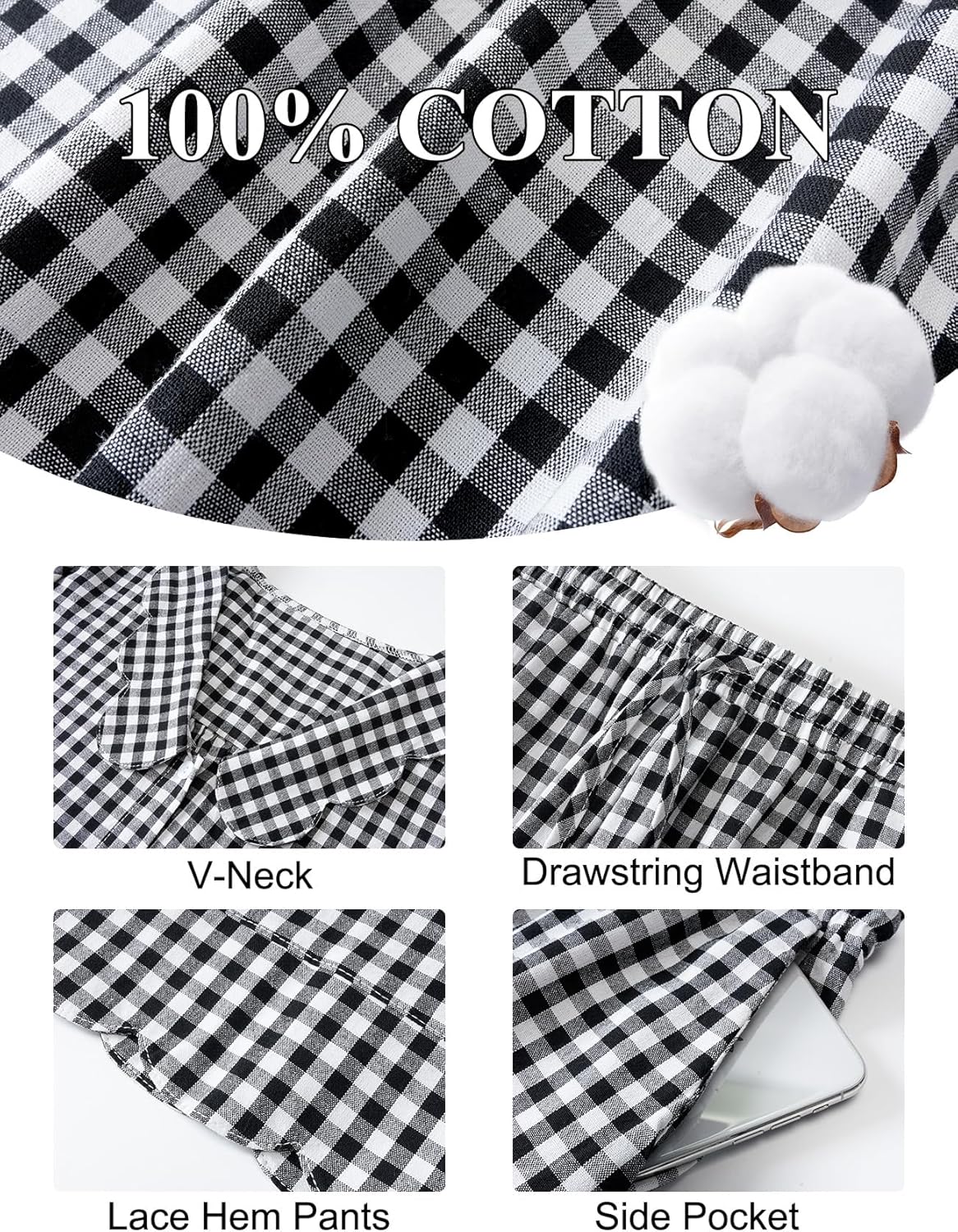 Kissonic Womens Gingham Pajama Set Cute Cotton Ruffle Pajamas Cozy Plaid Y2K Pjs Babydoll Sleepwear - Image 6