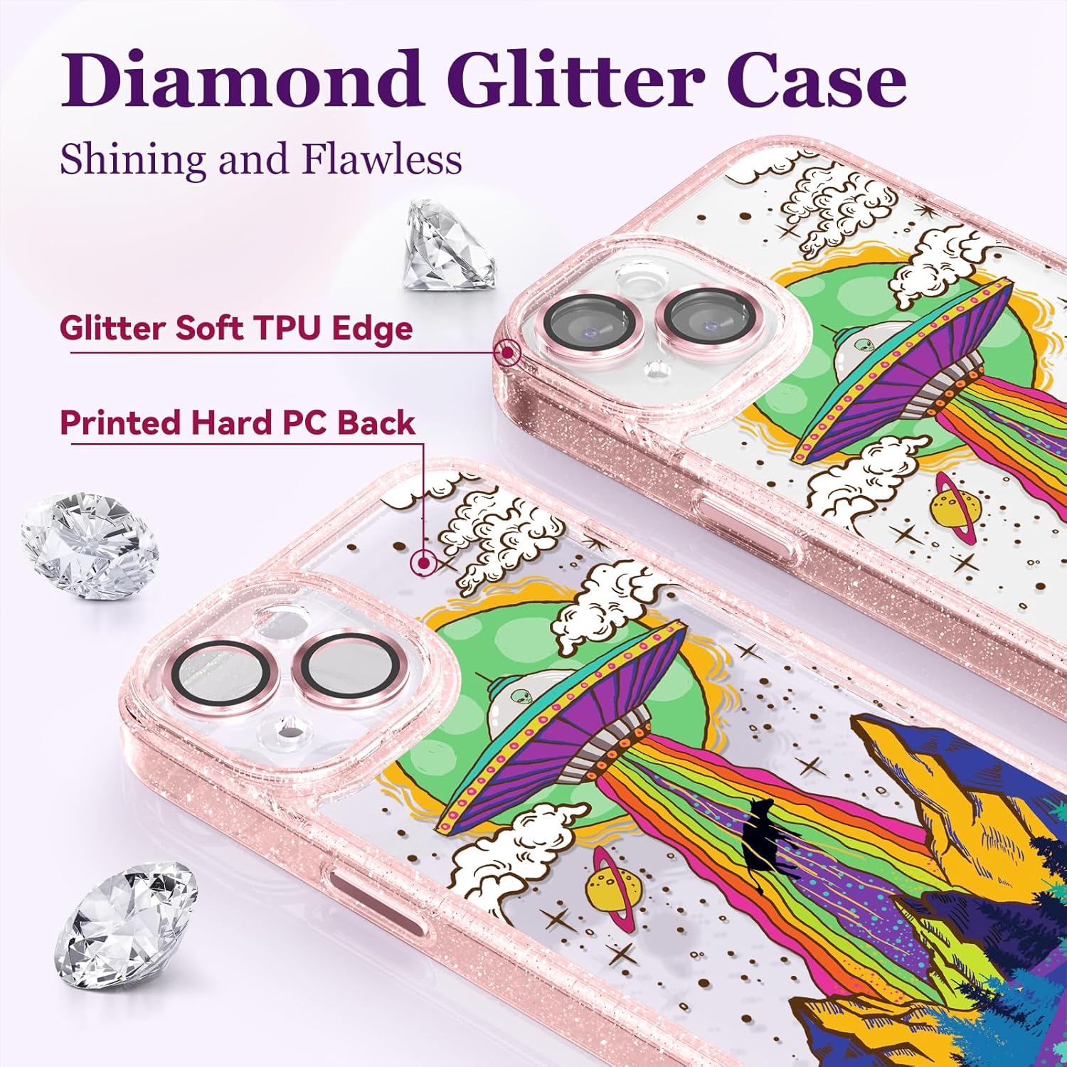 Compatible for iPhone 15 Case Cute Aesthetic - Glitter Pink Phone Case with Camera Protector - Girly UFO Pattern Print Cover with Wrist Strap Design for Woman Girl 6.1"