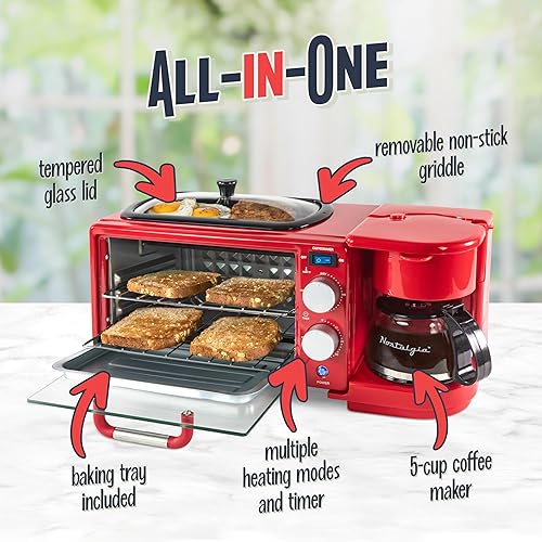 Miniatura 4 de Nostalgia Estación de desayuno retro 3 en 1, incluye cafetera de 5 tazas, plancha de cerámica antiadherente y horno tostador de 4 rebanadas,