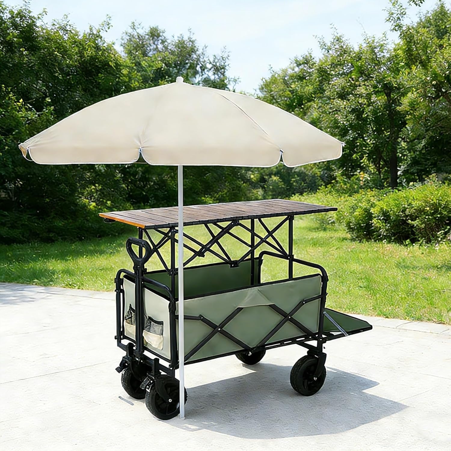 Collapsible Folding Wagon with Table for Outdoor Market Vendor Cart All-Terrain Wheels(Green,120cm/47.2in)
