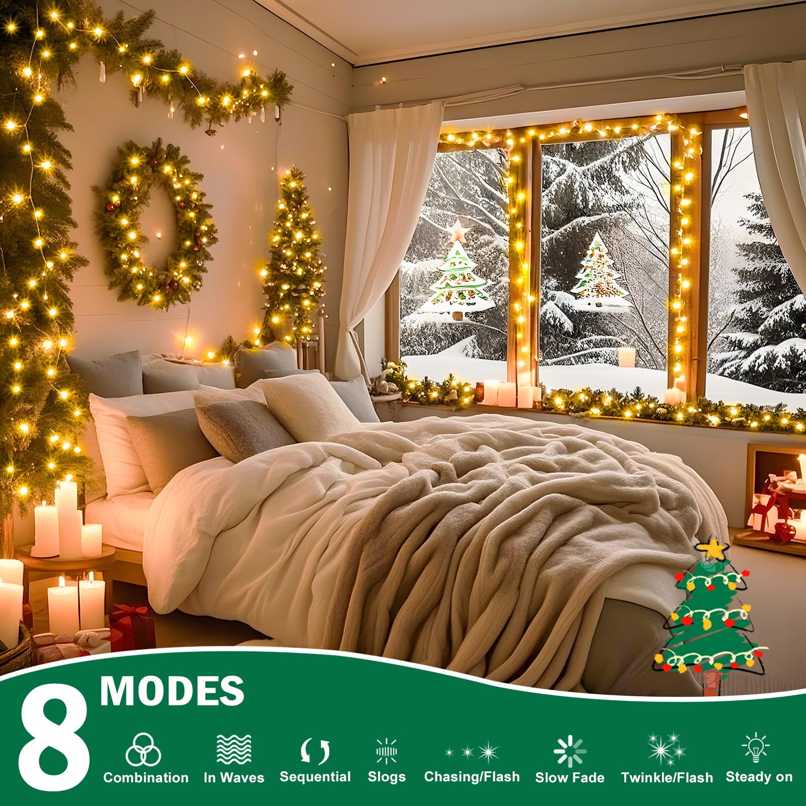 SAUIRS Tira de 500 luces LED de Navidad de 197 pies para exteriores con 8 modos de temporizador, impermeable, enchufe para exteriores, interiores, fiestas, Navidad, palmeras, patio, decoración de boda