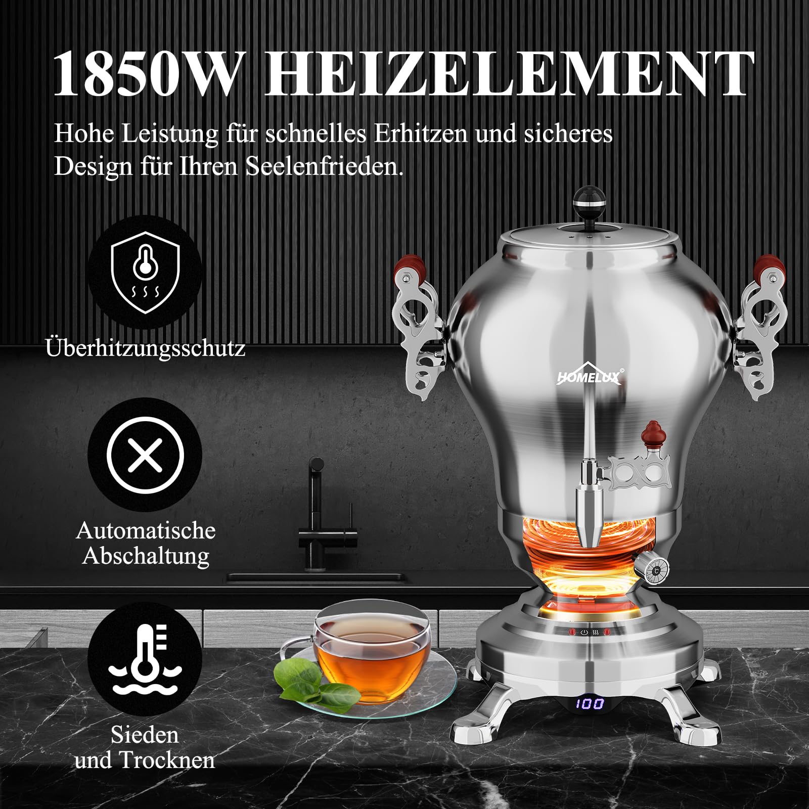 HOMELUX Samoware Edelstahl Elektrischer, 1850W Türkische Teekannen, 2.5L +1.2L Teemaschine Teekocher Wasserkocher mit Warmhaltefunktion, Intelligente Temperaturregelung, Trockengehschutz
