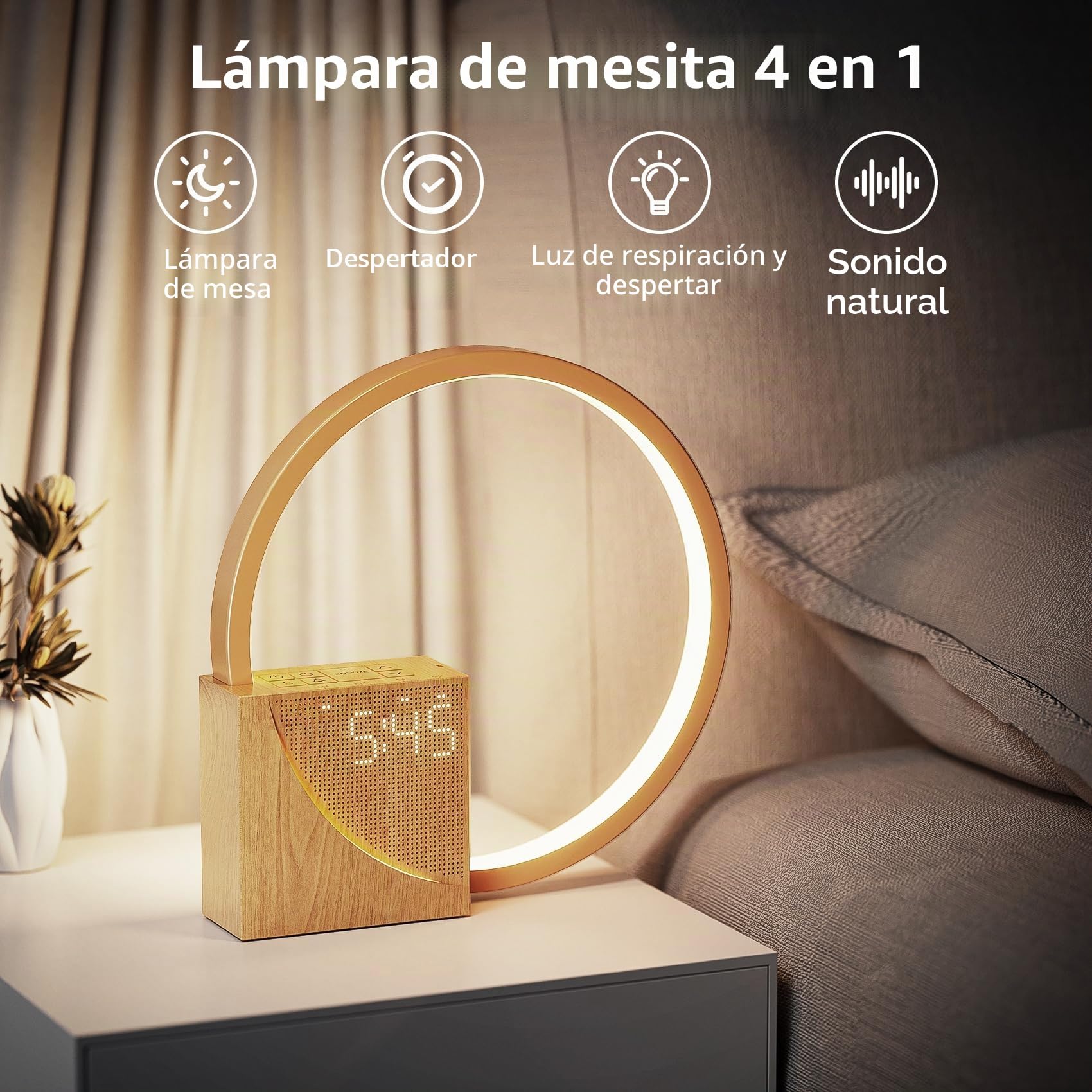 Lámpara De Noche LED con Despertador, Puertos de Carga USB, Táctil, Regulable, con Dos Alarmas, 10 Sonidos Naturales para Adultos y Niños, 3 Niveles de Brillo Para Dormitorio, Salón, Oficina