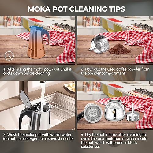 Miniatura 8 de Cafetera Moka de acero inoxidable, 12 tazas de 20.3 fl oz, cafetera de café expreso para estufa, cafetera estilo clásico italiano, Greca, Cafetera,