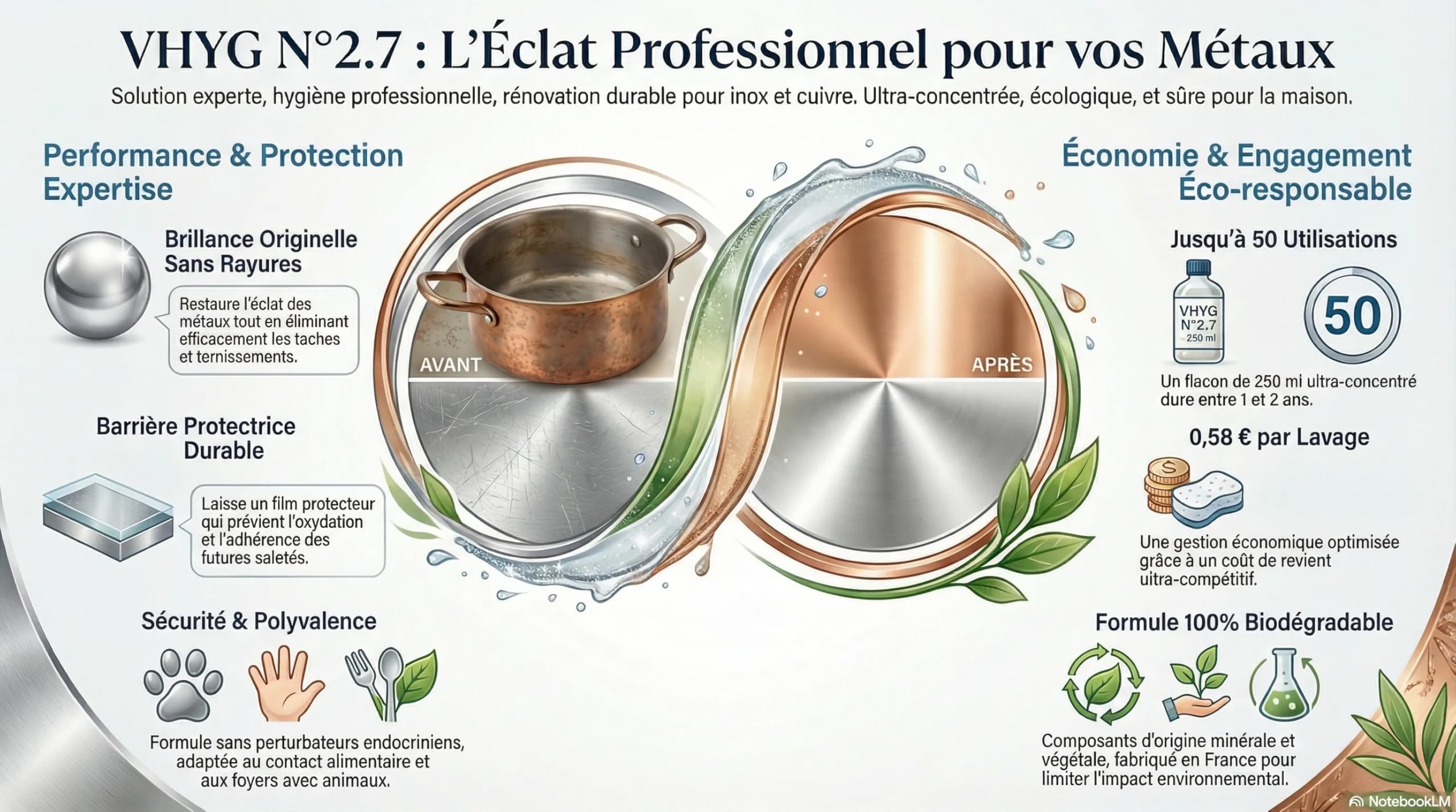 N°2.7 Rénovateur Inox Cuivre Concentré – 50 Utilisations Évier Cuisine | 0,58€/entretien, 1 à 2 ans d'utilisation, sans CMR ni perturbateurs endocriniens, sain pour animaux, fabriqué en France