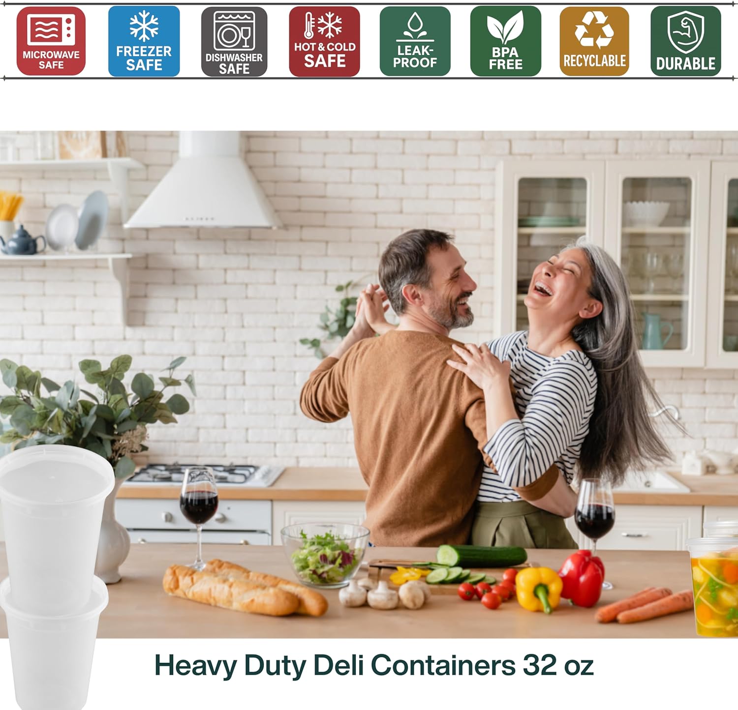 32oz [20 set] Heavy Duty Plastic Deli Container | BPA-Free Food Storage with Airtight Leak‑Proof Lids | Microwave, Freezer & Dishwasher Safe – Stackable, Bulk Reusable Soup & Meal Prep Tub - Image 4