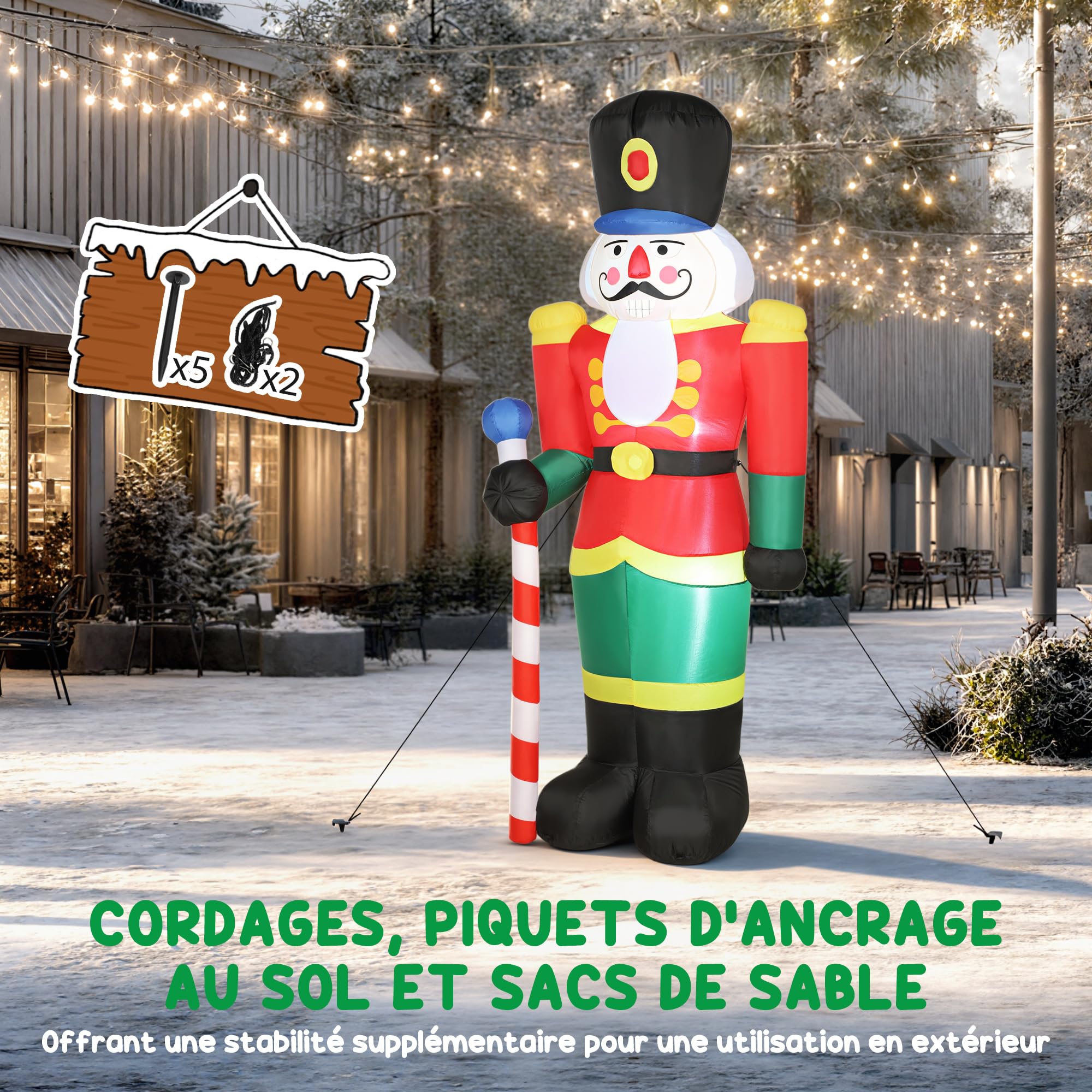Outsunny Soldat Casse-Noisette Gonflable de Noël 245 CM avec lumières LED | Avec Sceptre, Polyester Imperméable, Déco Noël Gonflée Lumineuse, Intérieur, Extérieur