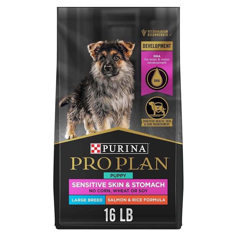 Ração seca para filhotes de cães de raças grandes Purina Pro Plan Sensitive Skin & Stomach, salmão e arroz, 7,26 kg