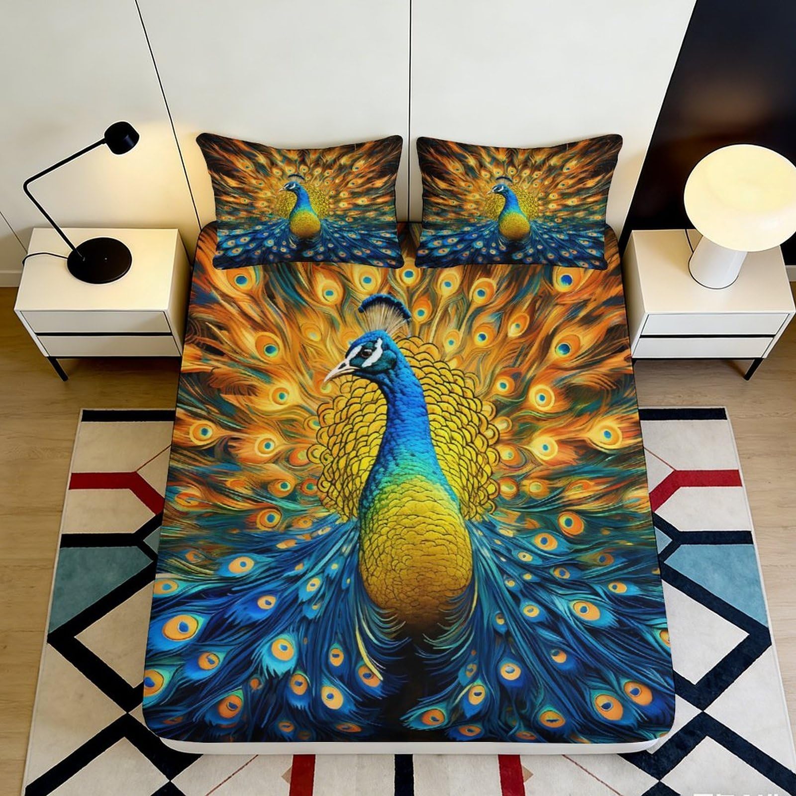 3D Printed Peacock Feather Fitted Sheet Microfiber Vibrant Bed Sheet for Bedroom Guest Room Mattress Cover Decor 90x200x25cm