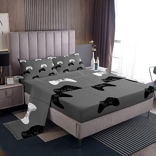 Miniatura 9 de Feelyou Juego de sábanas para niños y niñas, juego de ropa de cama con control de videojuegos, sábanas bajeras de 4 piezas, incluye 1 sábana y 1