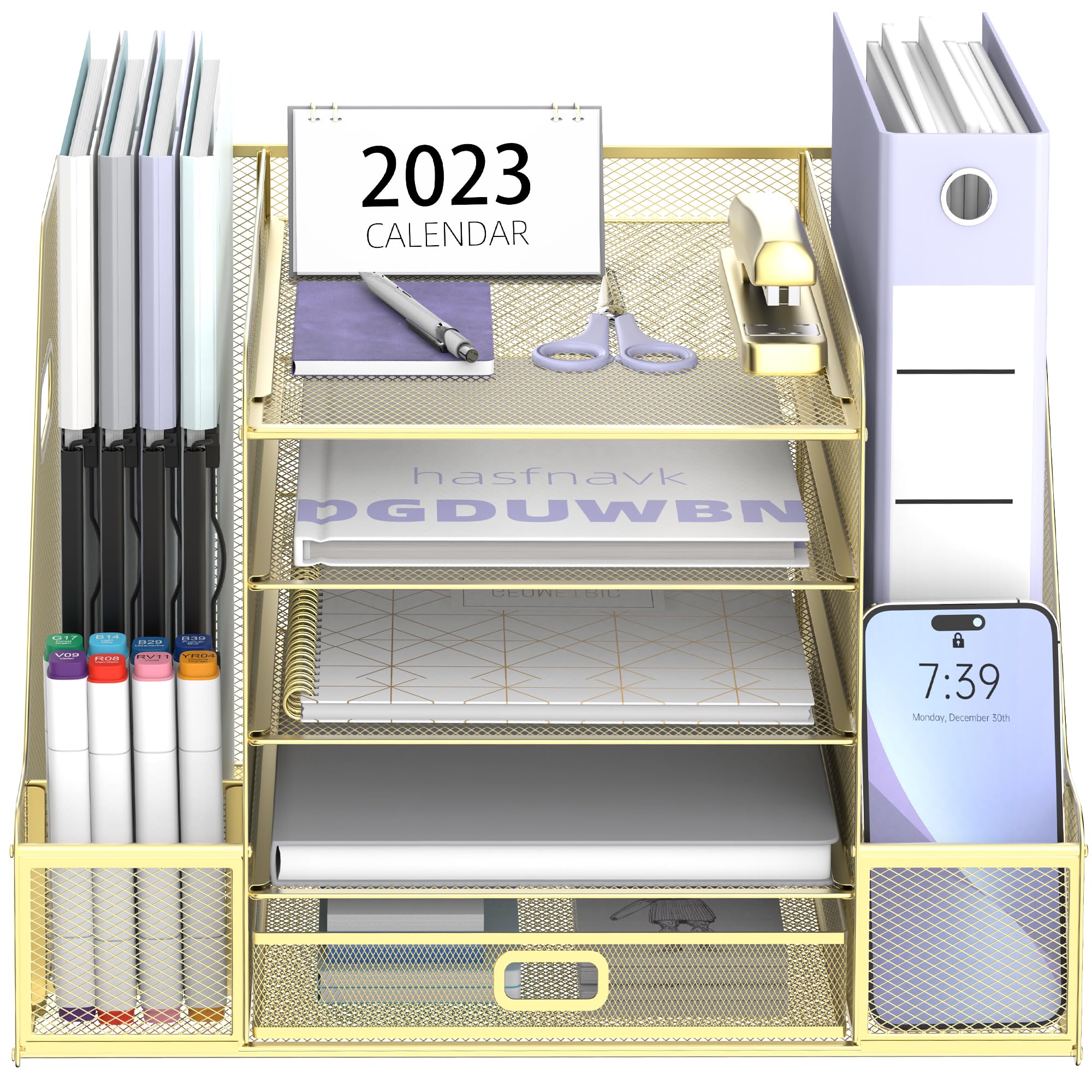 SUPEASY Mesh Desk Organizer with File Holder, 5-Tier Paper Letter Tray Organizer with Magazine Holder, Desktop Organizer and Storage with Drawer for