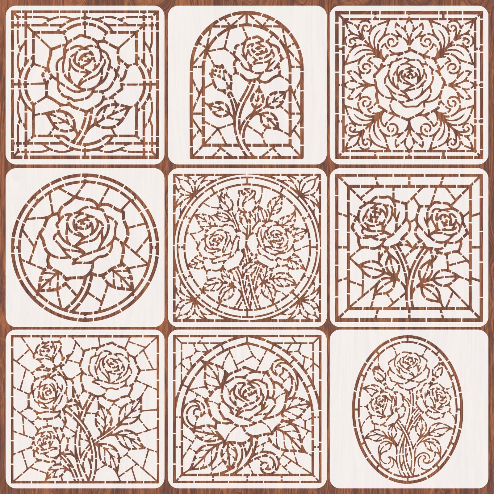 INFUNLY 9 Pcs Rose Window Stencils for Painting Blossom Rose Drawing Templates 11.8x11.8 Cracked Flower Window Stencils Vintage Stained Glass Painting Template for Wood Furniture Bedroom Home Decor