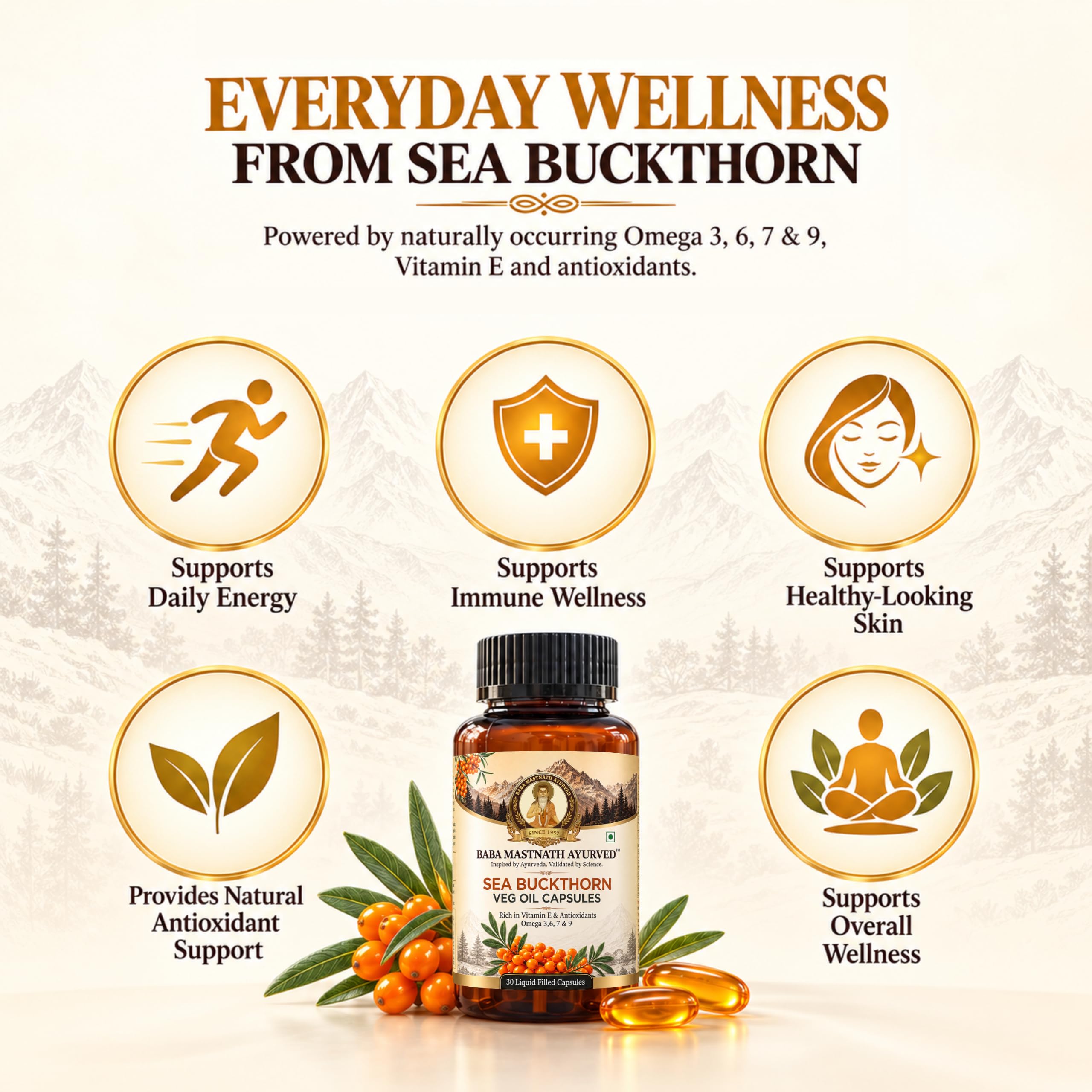 Baba Mastnath Ayurved Sea Buckthorn Berry Oil Veg Capsules 560 mg | Omega 7 | Omega 3 | Omega 6 & 9 | For Skin, Heart & Everyday Wellness | 30 Capsules — Amazon image 2