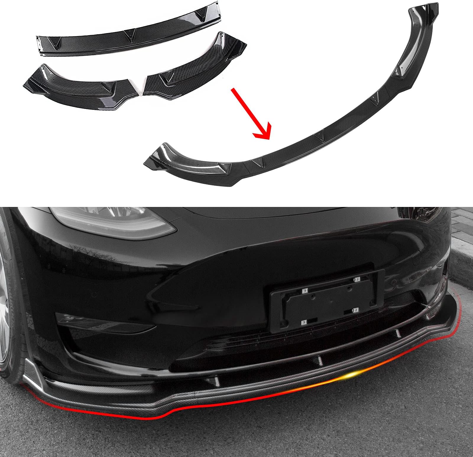 Xipoo Fit Tesla Model Y Front Lip Front Bumper Lip Spoiler Wing Front Splitter Side Body Kit Trim Protection for 2020 2021 2022 Model Y Accessories (Glossy Carbon Fiber)