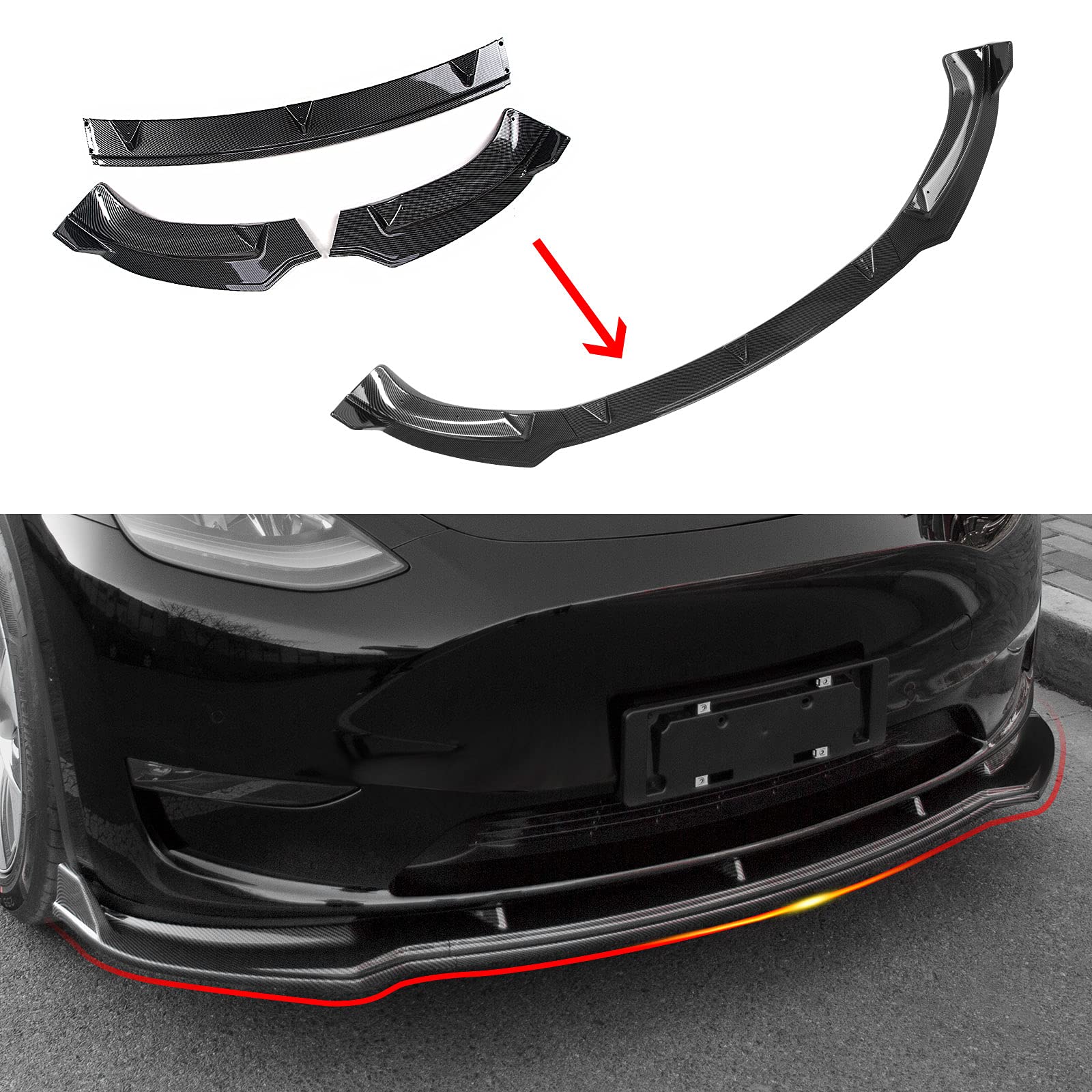 Xipoo Fit Tesla Model Y Front Lip Front Bumper Lip Spoiler Wing Front Splitter Side Body Kit Trim Protection for 2020 2021 2022 Model Y Accessories (Glossy Carbon Fiber)