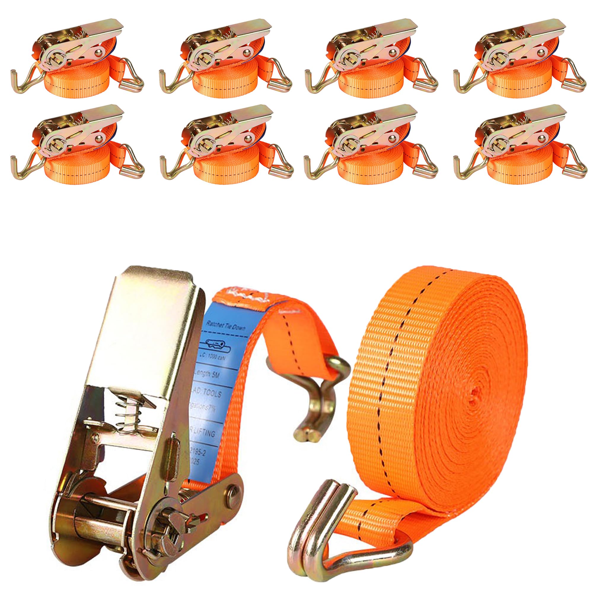 Pamatio 8 Pack 1000 kg Ratchet Straps With J-Hooks, 4m Long, 25mm Wide, For Trailers, Cars, Motorcycle (Orange) Load capacity 1000 kg — image 1