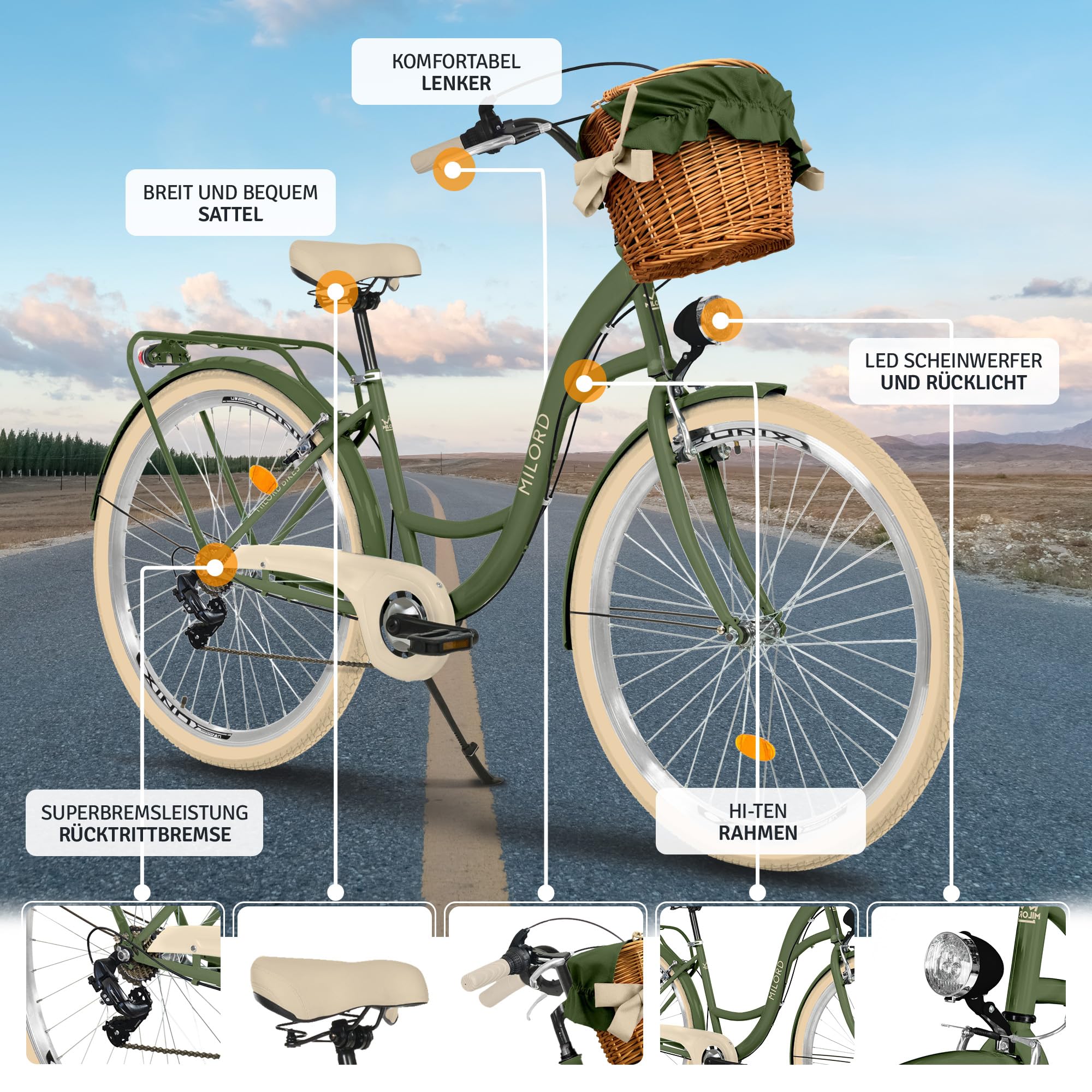 Balticuz OU Komfort Fahrrad Citybike Mit Weidenkorb Damenfahrrad Hollandrad, 28 Zoll, Grün-Creme, 7-Gang Sport & Freizeit