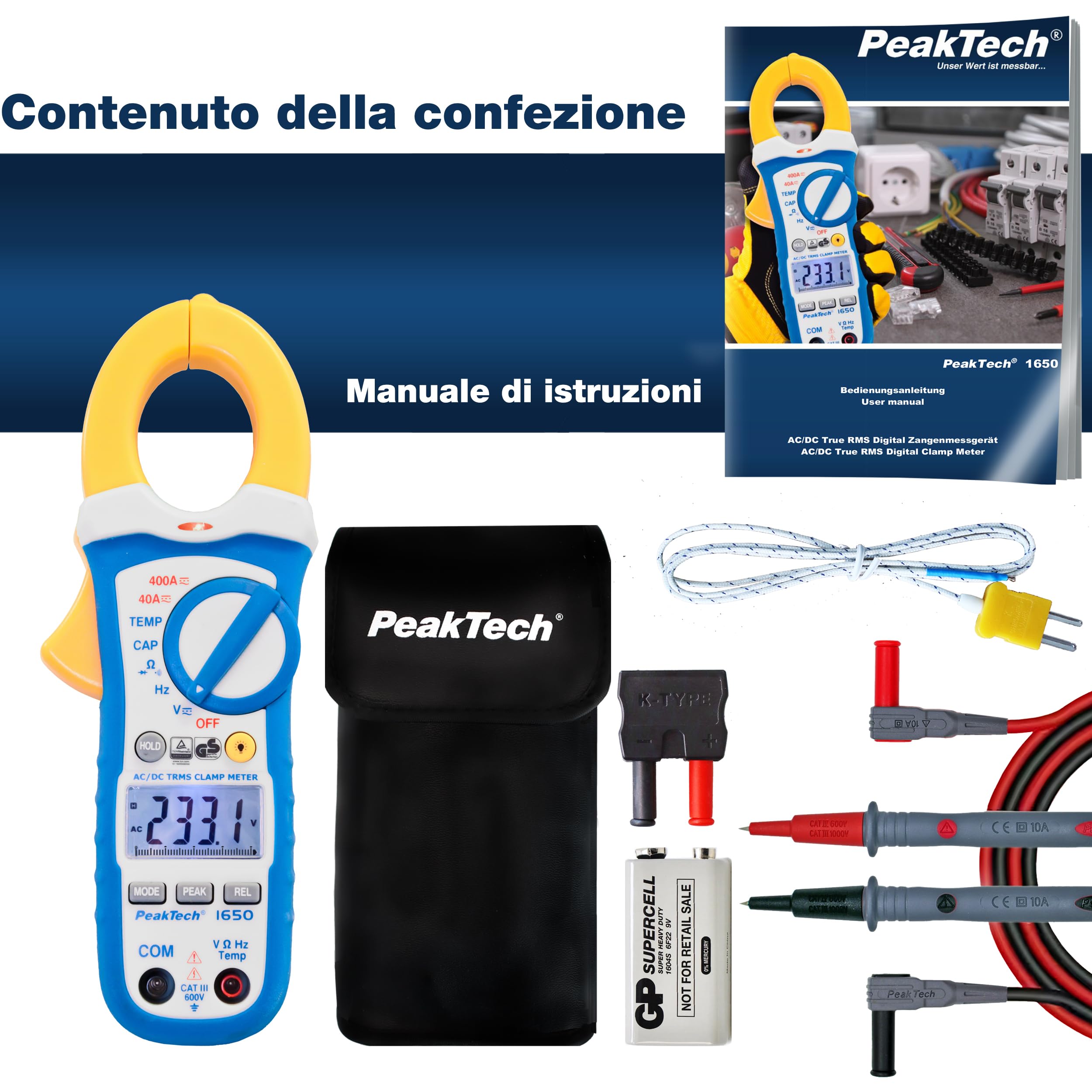 PeakTech 1650 – Morsetti con vero RMS AC/DC 400A, 4000 conteggi, Multimetro digitale, Voltmetro senza contatto, Amperometro, Tester di continuità - Max. 600 V