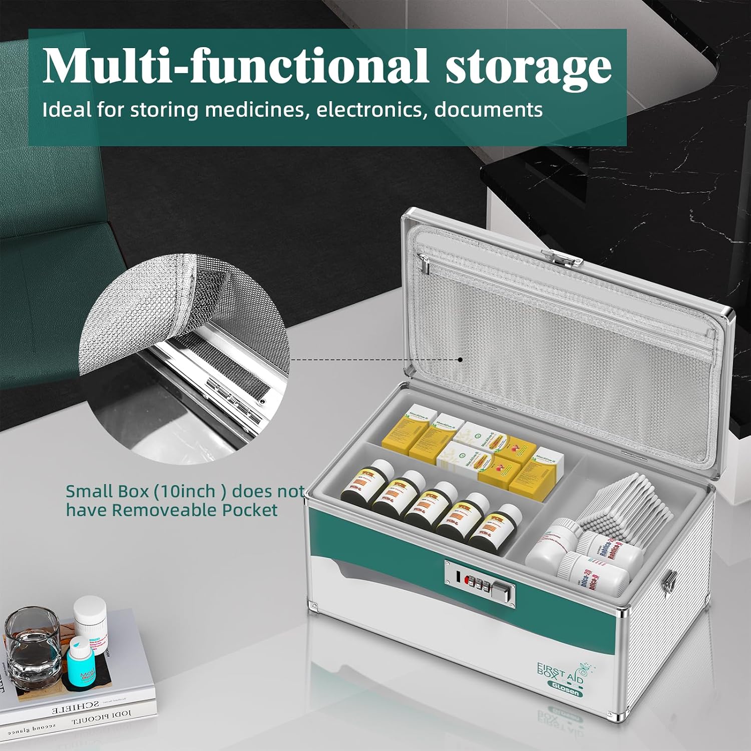 Glosen Medication Lock Box with Code, 2-Layer Medicine Lock Box with Flexible Tray【Extra Large16 x 9.25 x 7.5 Inch】 Portable First Aid Empty Box with Handle&Shoulder Strap for Home&Travel