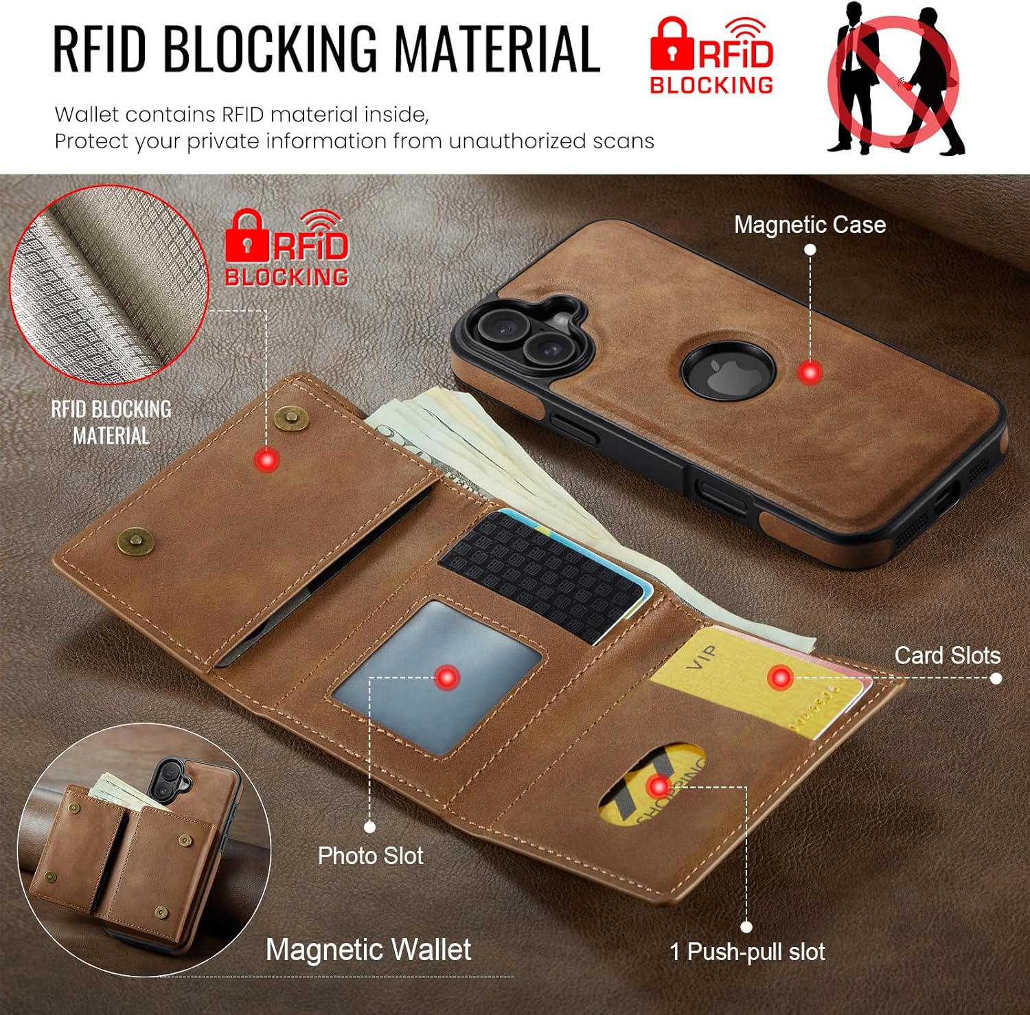Asuwish Phone Case for iPhone 16 6.1 inch Wallet Magnetic Detachable Cell Cover with Wireless Charging and RFID Blocking Credit Card Holder Flip Stand Kickstand i Phone16 i16 16Case Women Men Brown