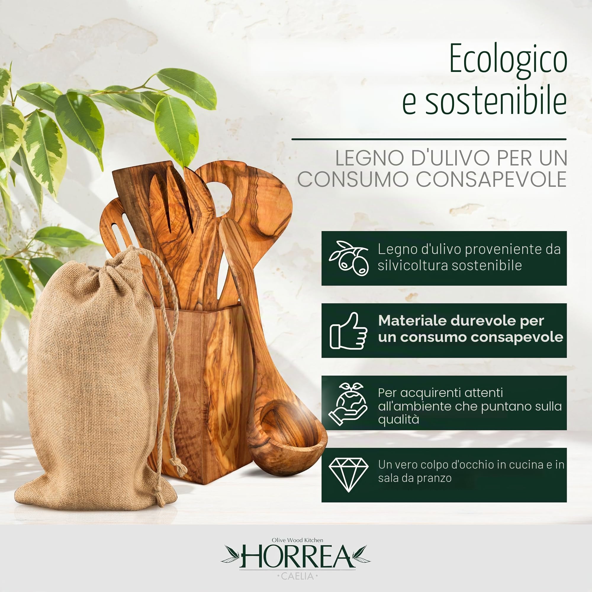 HORREA CAELIA - Set di 7 cucchiai, realizzato a mano in legno d'ulivo, spatola, mestolo, mestolo, cucchiaio, forchetta da insalata, cucchiaio, spatola con contenitore in legno d'ulivo, sostenibile