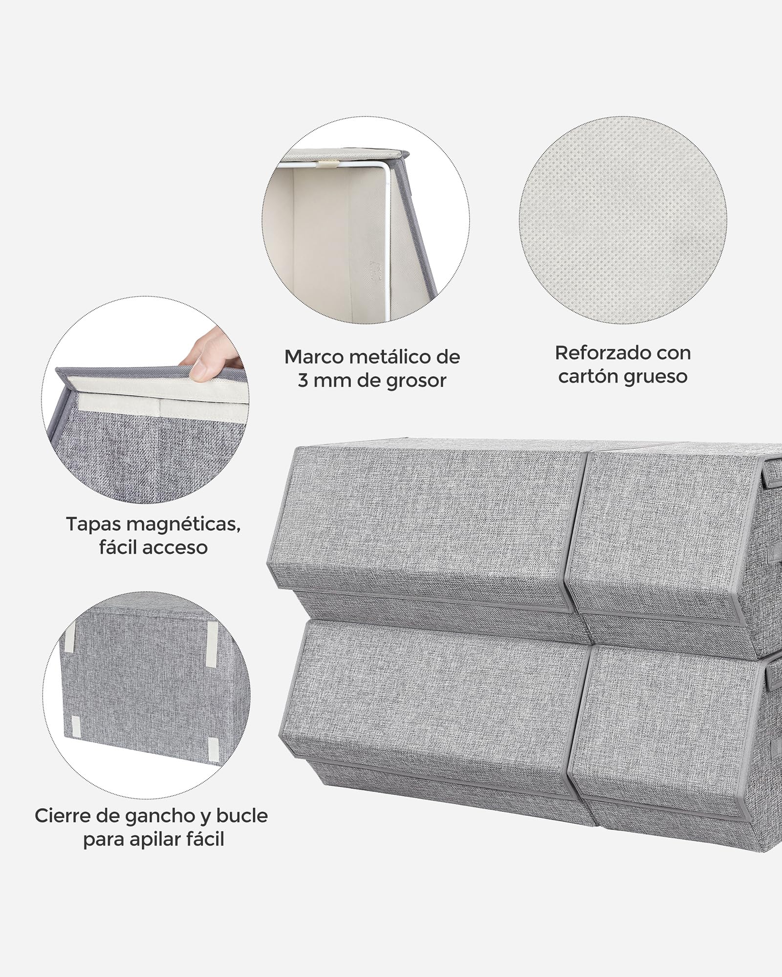 SONGMICS Juego de 4 Cajas de Almacenamiento con Tapas, Apilables, Cubos de Almacenamiento con Cierres Magnéticos, Tela, Marco de Metal, para Ropa, Libros, Gris RLB22GY