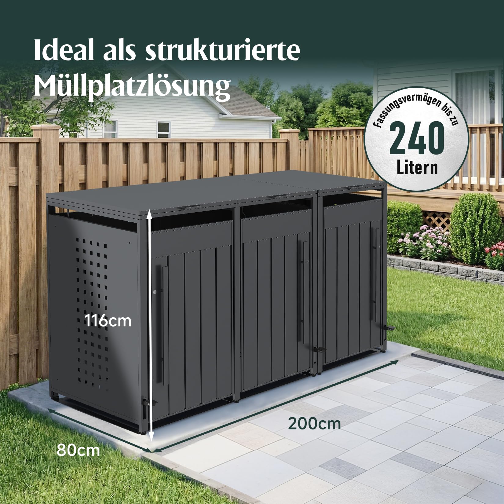 OMERAI Premium Mülltonnenbox 3er 240L mit Fußpedal - Anthrazit Verzinkter Stahl - Automatikdeckel mit Softclose & Schloss - Mülltonnenverkleidung wetterfest & UV-beständig Gerätebox - erweiterbar