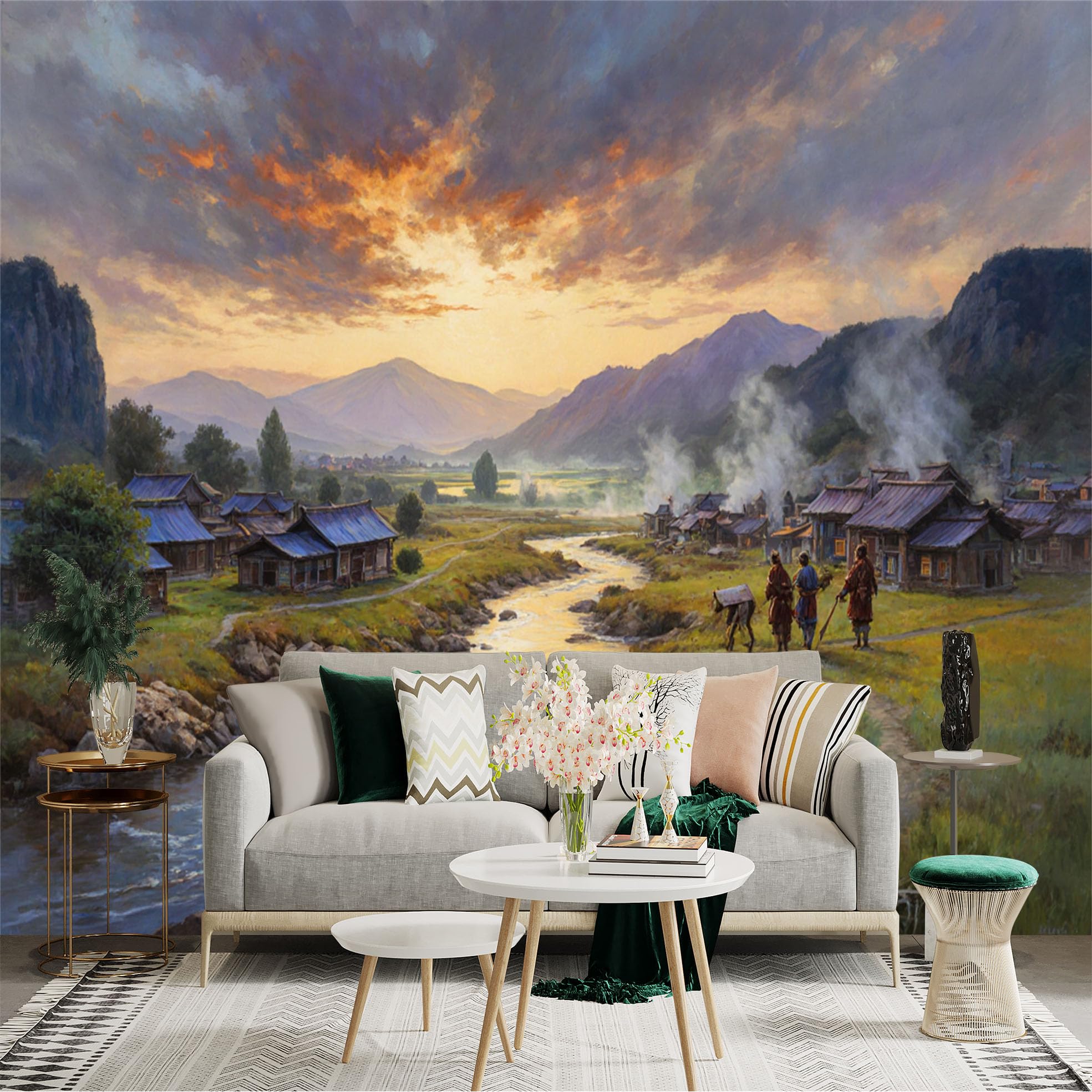 Custom Size Wall Sticker Mural， Sunset Mountain Village with River Valley and Countryside Scenery， for wall Decoration， peelandstick wall Decals.