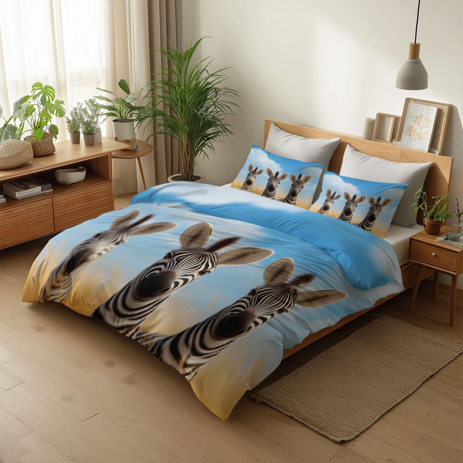 Generisch Niebieska pościel z kreskówki, zebra, poszewka na kołdrę z nadrukiem, 220 x 240 cm, łatwa w pielęgnacji, 3-częściowa, szczotkowana mikrofibra, zamek błyskawiczny na wszystkie pory roku