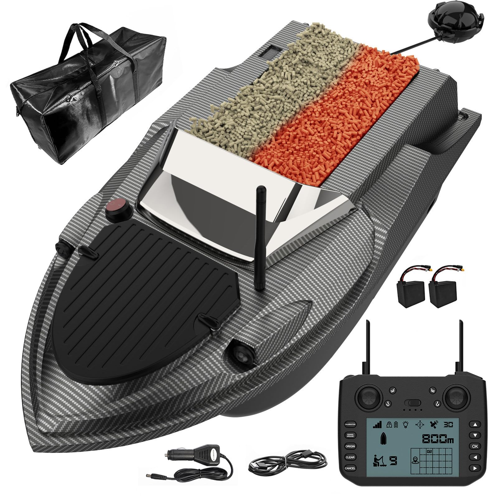 Barco Cebador GPS para Pesca con 180 Puntos, Barco Cebador Pesca, Control Remoto 800m, Doble Tolva 3KG, Retorno Automático, Luces LED, Casco ABS para Lago y Río
