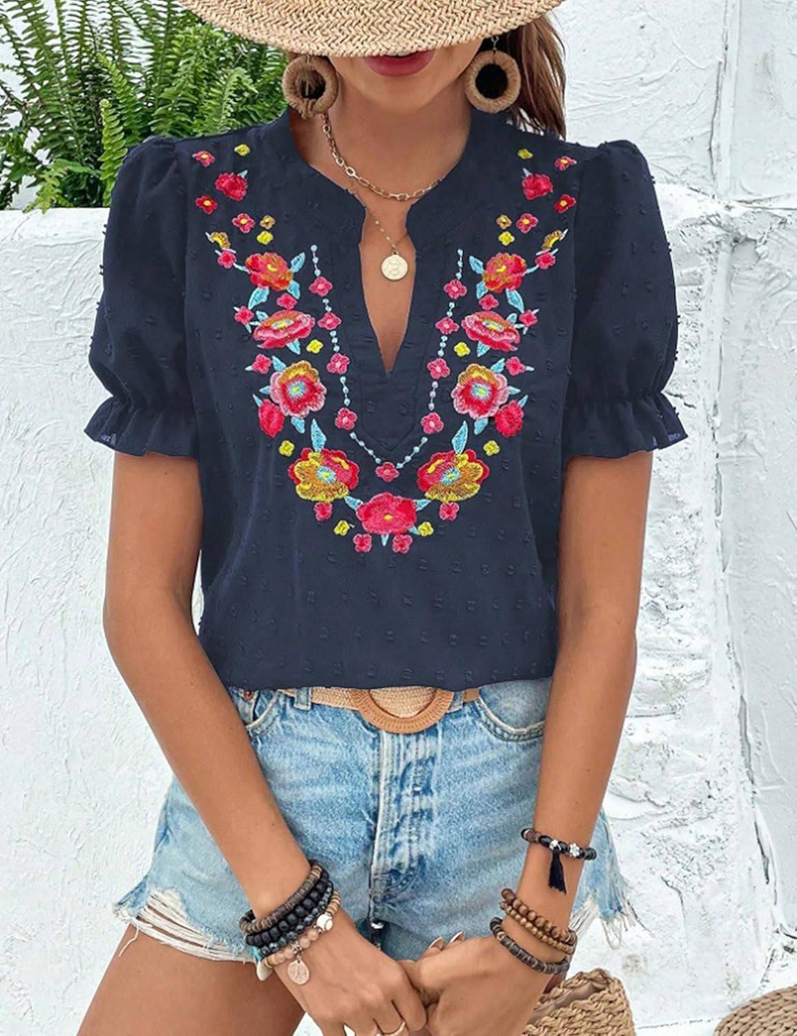 ZILIN Women's Casual Floral Embroidered V Neck Boho Short Puff Sleeve Shirts Loose Summer Blouses Tops Fashion Clothes 2026 - Image 7