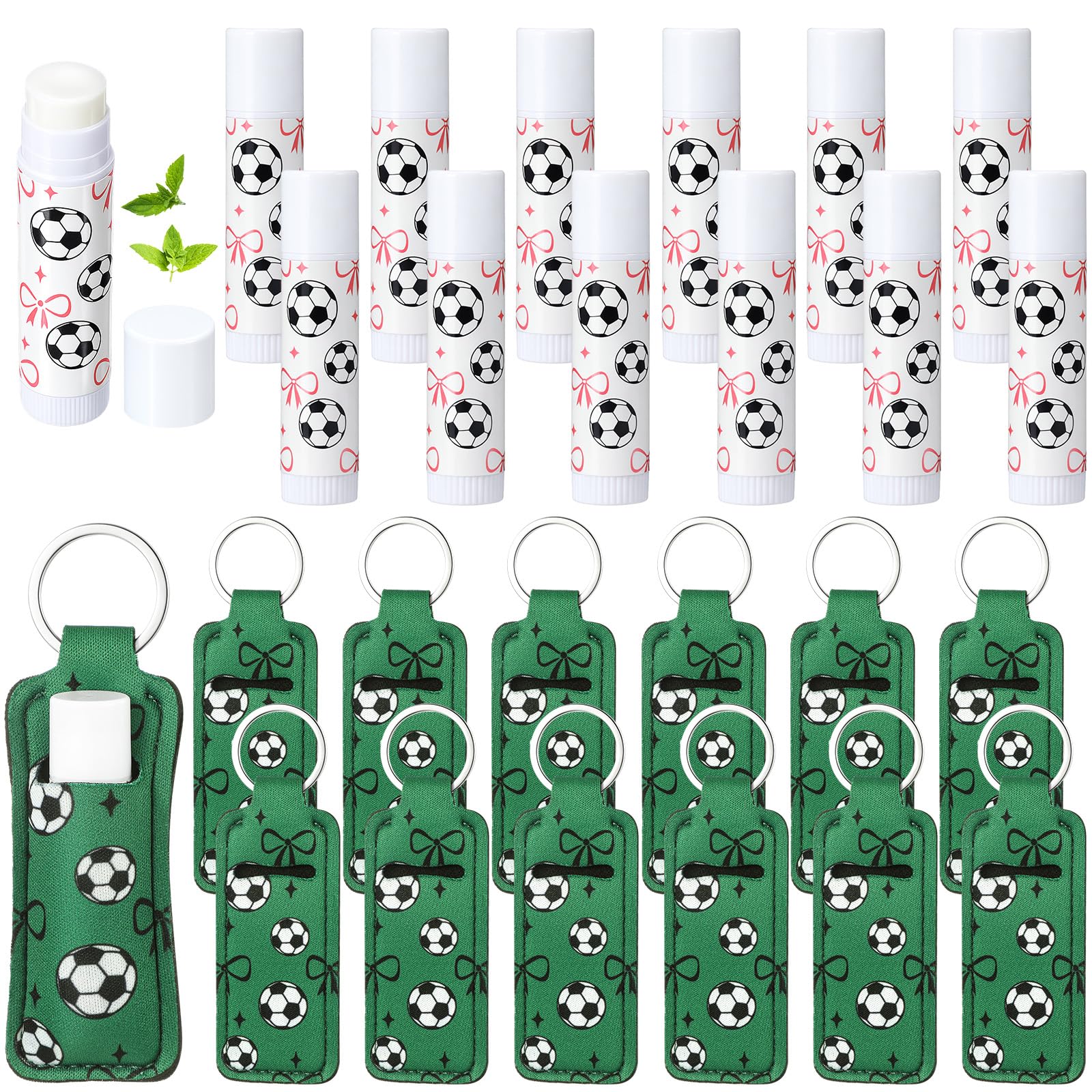 Loopeer 24 Pcs Soccer Party Favors Include Lip Balm and Lipstick Holder Keychain Bulk Moisturizing Soccer and Bow Lip Balm Keychains Pouch for Team Gifts Sports Party Supplies