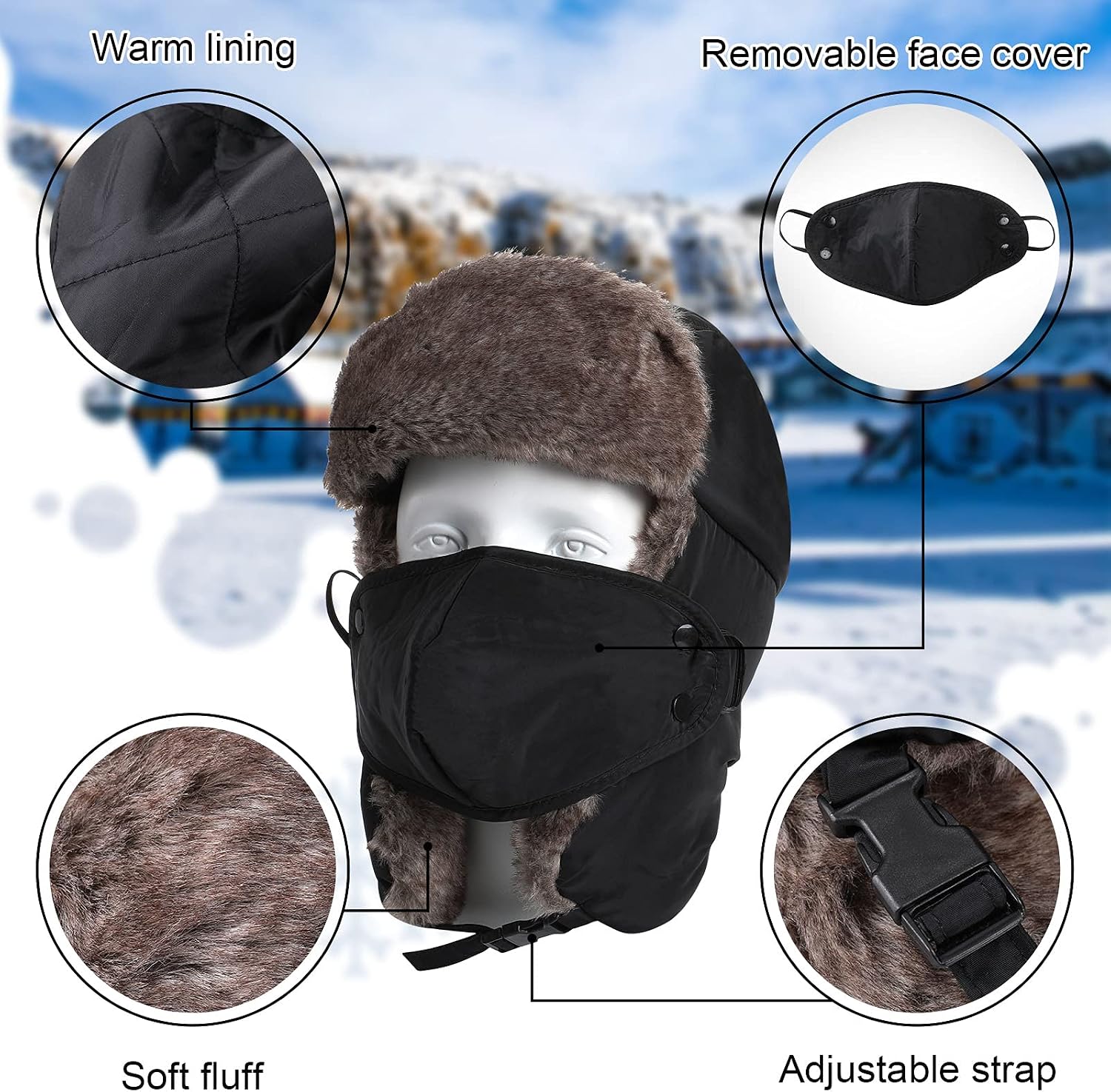 SATINIOR 3 Pieces Trapper Hat Winter Hats Hunting Hat with Ear Flaps and Mask Windproof Waterproof Fleece Neck Warmer Scarf Winter Knit Touchscreen Gloves for Men Women
