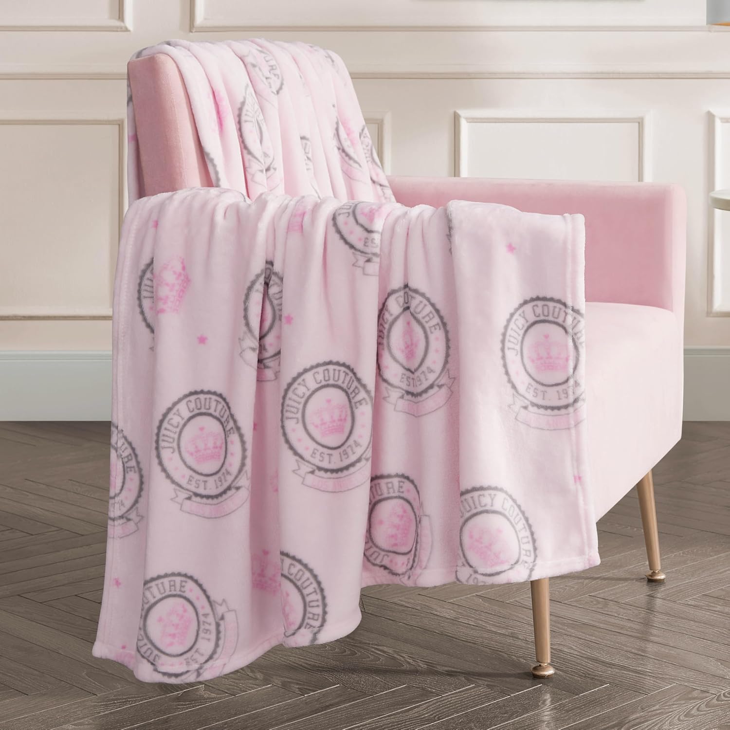 Juicy Couture - Throw Blanket, Juicy Emblem, Plush and Cozy, Decorative Blankets for Sofas, Chairs and Beds, Luxurious and Soft, Chic Home Decor, Measures 50" x 70", Pink